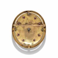 RUSSIAN, ENAMEL, SYNTHETIC RUBY, AND DIAMOND BROOCH