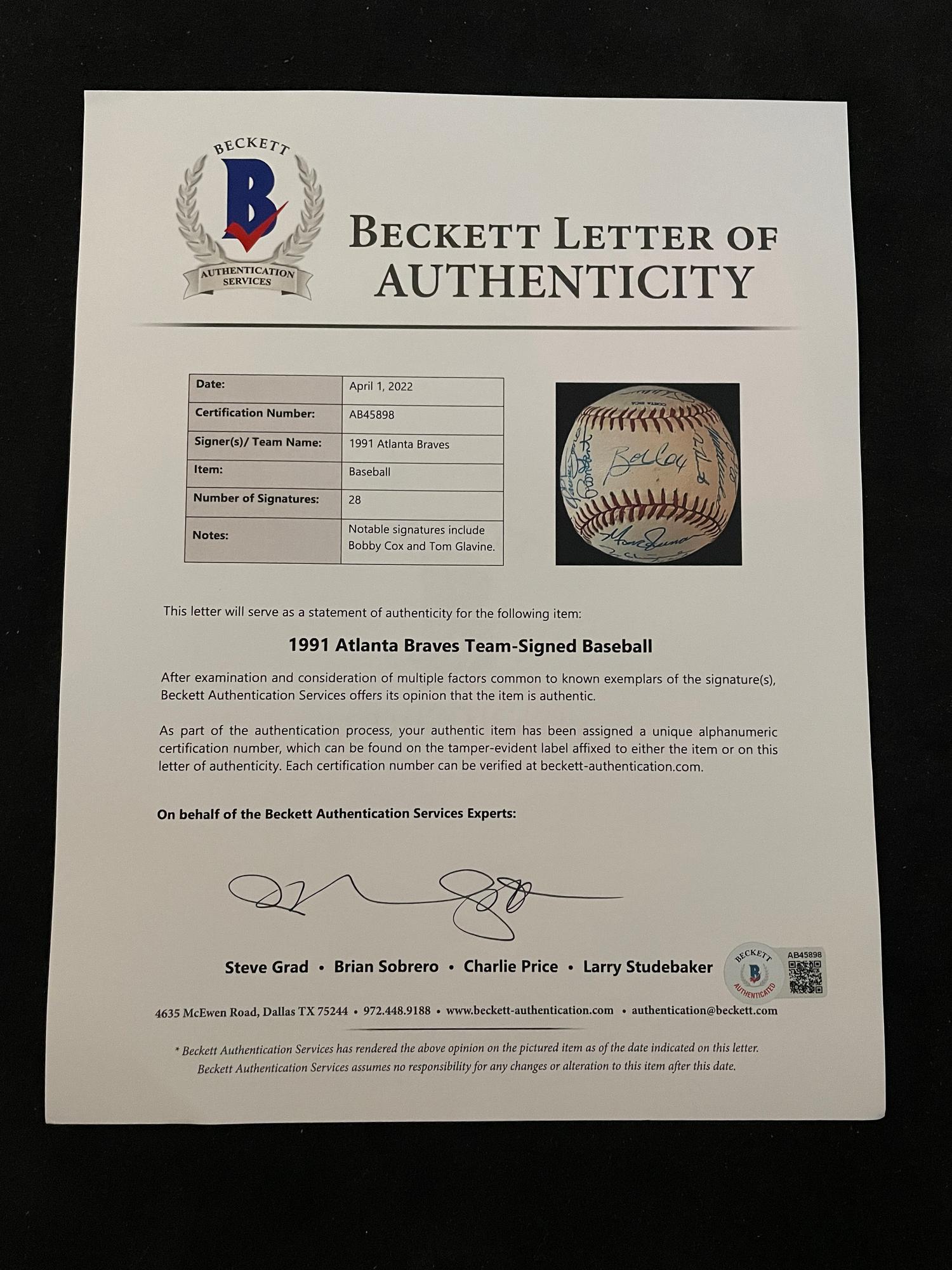 A 1991 Atlanta Braves National League Champions Team Signed Autograph Baseball With 28 Signatures (Beckett Authentication Services Letter BAS Certified),