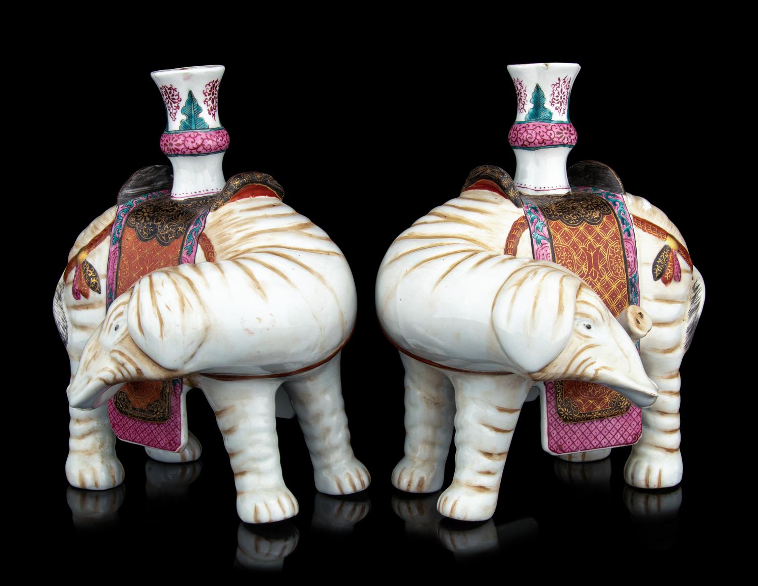 A Pair of Chinese Famille Rose Porcelain Elephant-Form Candle Holders
