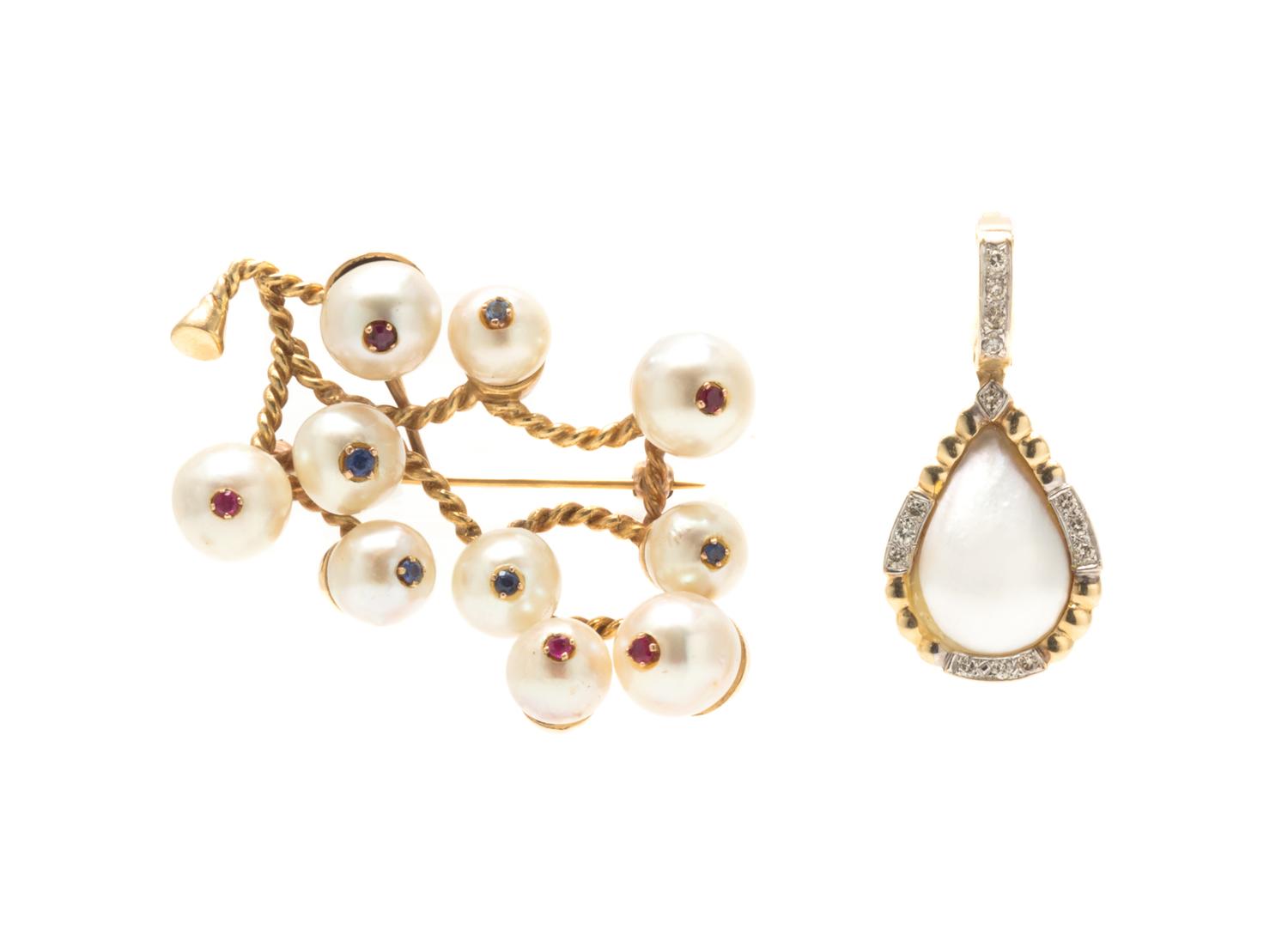 A Collection of Yellow Gold and Cultured Pearl Jewelry, 18.70 dwts.