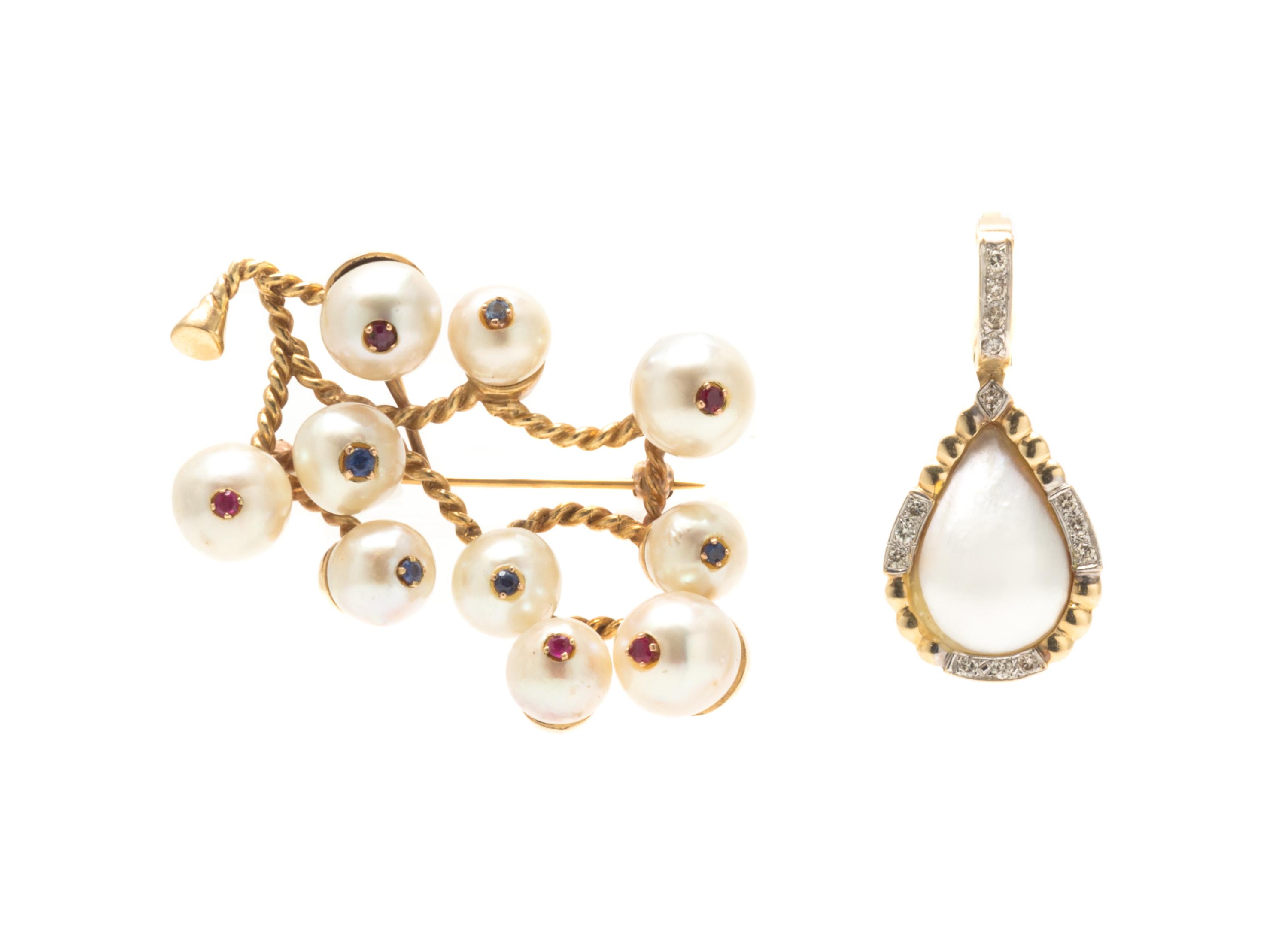 A Collection of Yellow Gold and Cultured Pearl Jewelry, 18.70 dwts.