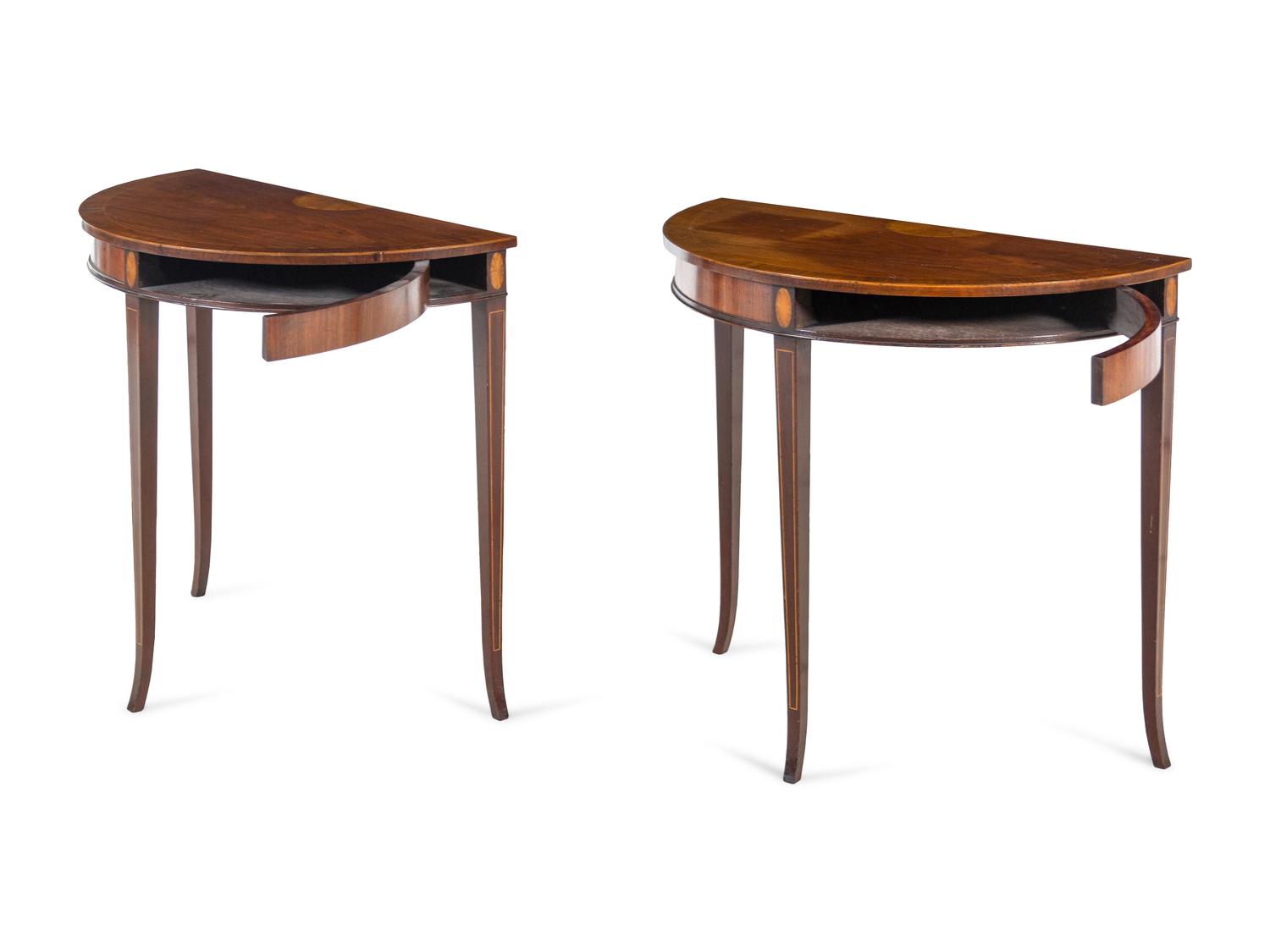 A Pair of Regency Inlaid Mahogany Demilune Console Tables