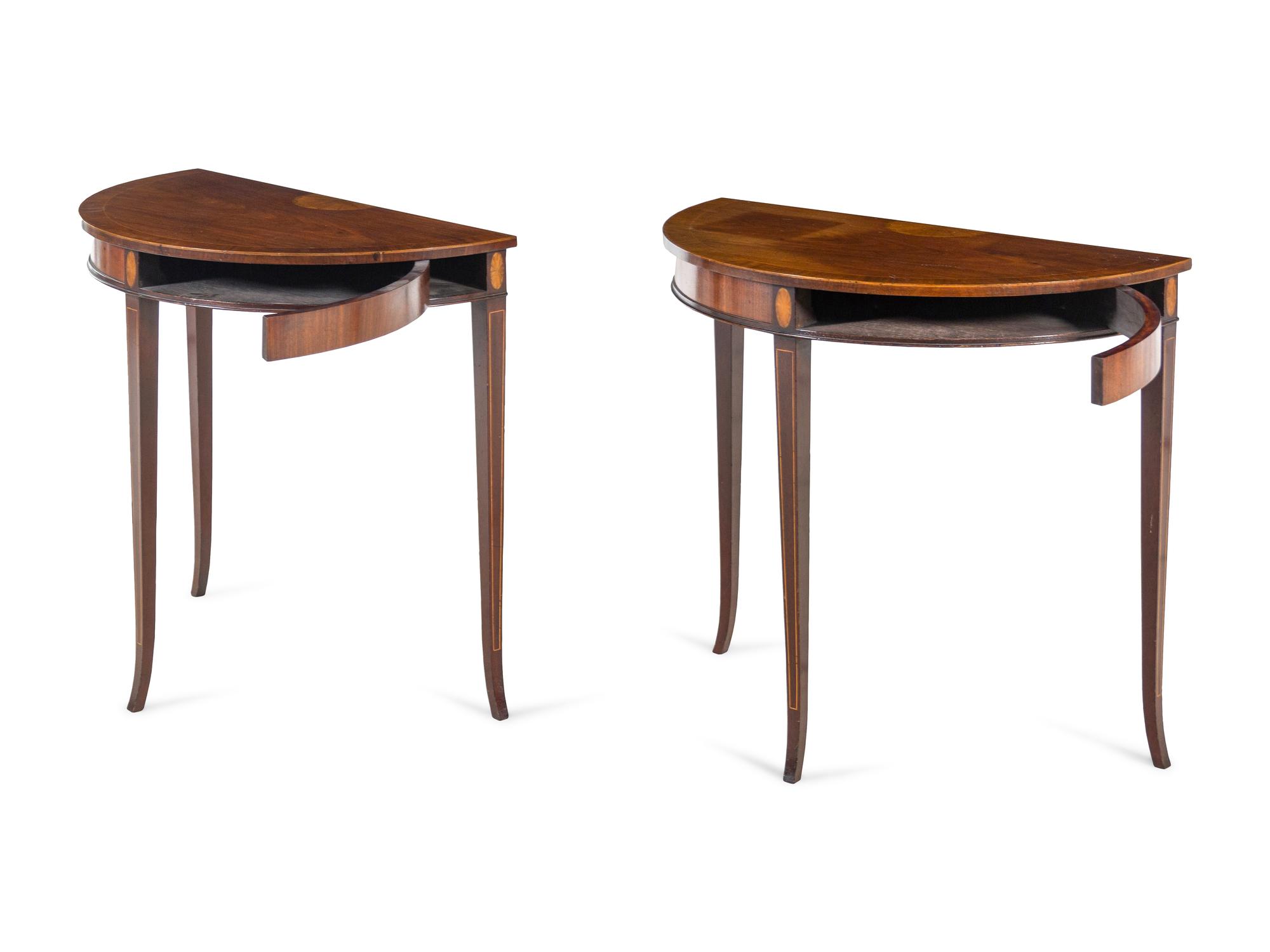 A Pair of Regency Inlaid Mahogany Demilune Console Tables
