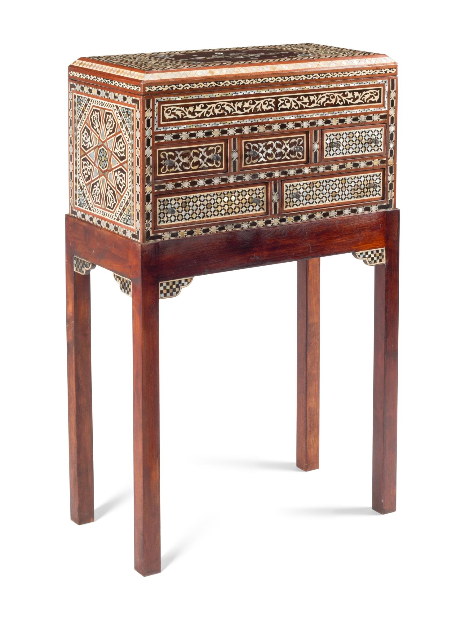 A Moorish Style Marquetry Collector's Cabinet on Stand