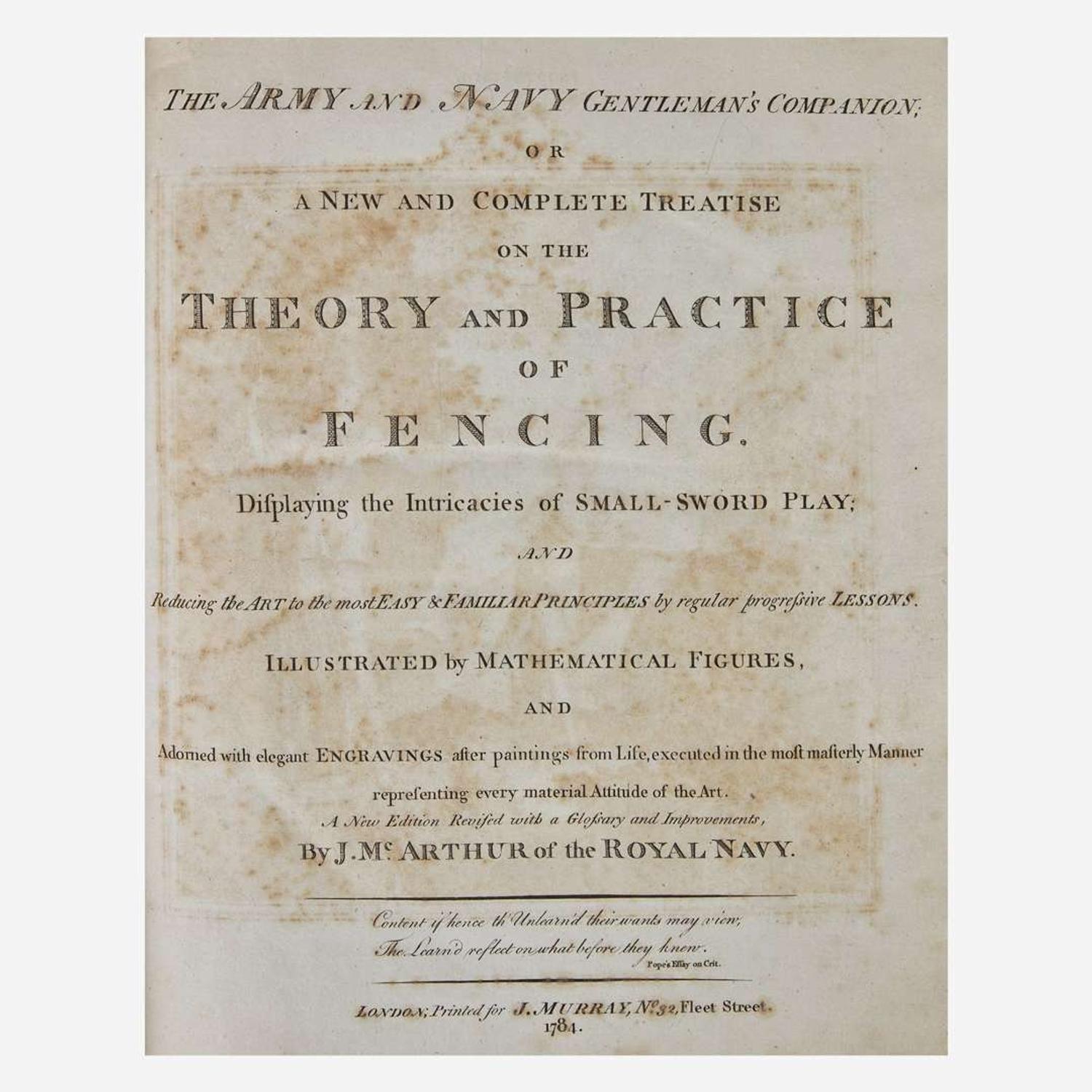 [Sporting] [Fencing] McArthur, J(ohn). The Army and Navy Gentleman's Companion; or a New and Complete Treatise on the Theory and Practice of Fencing...