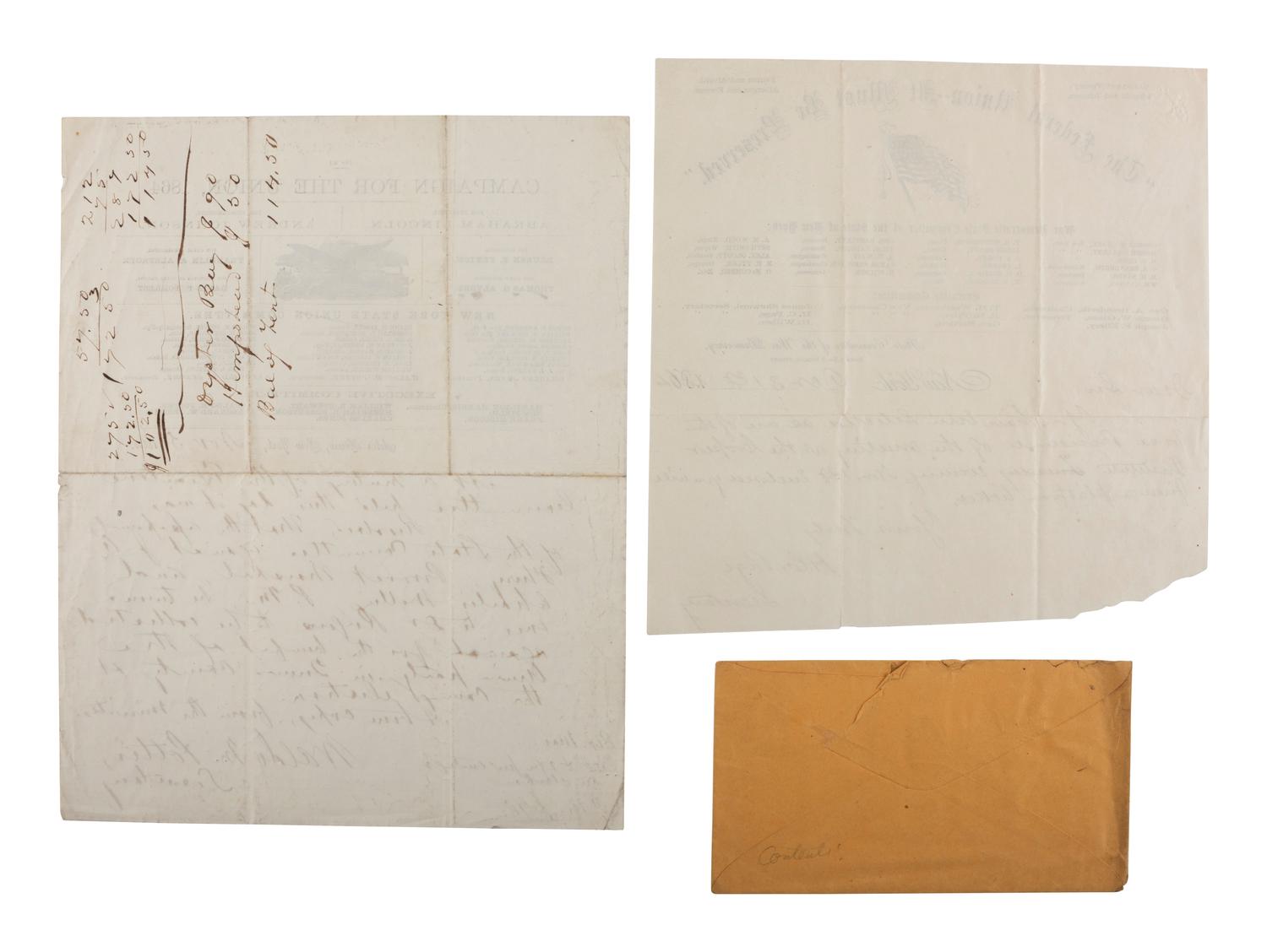 [LINCOLNIANA - POLITICS]. Two campaign letterheads from New York political organizations, ca 1864.