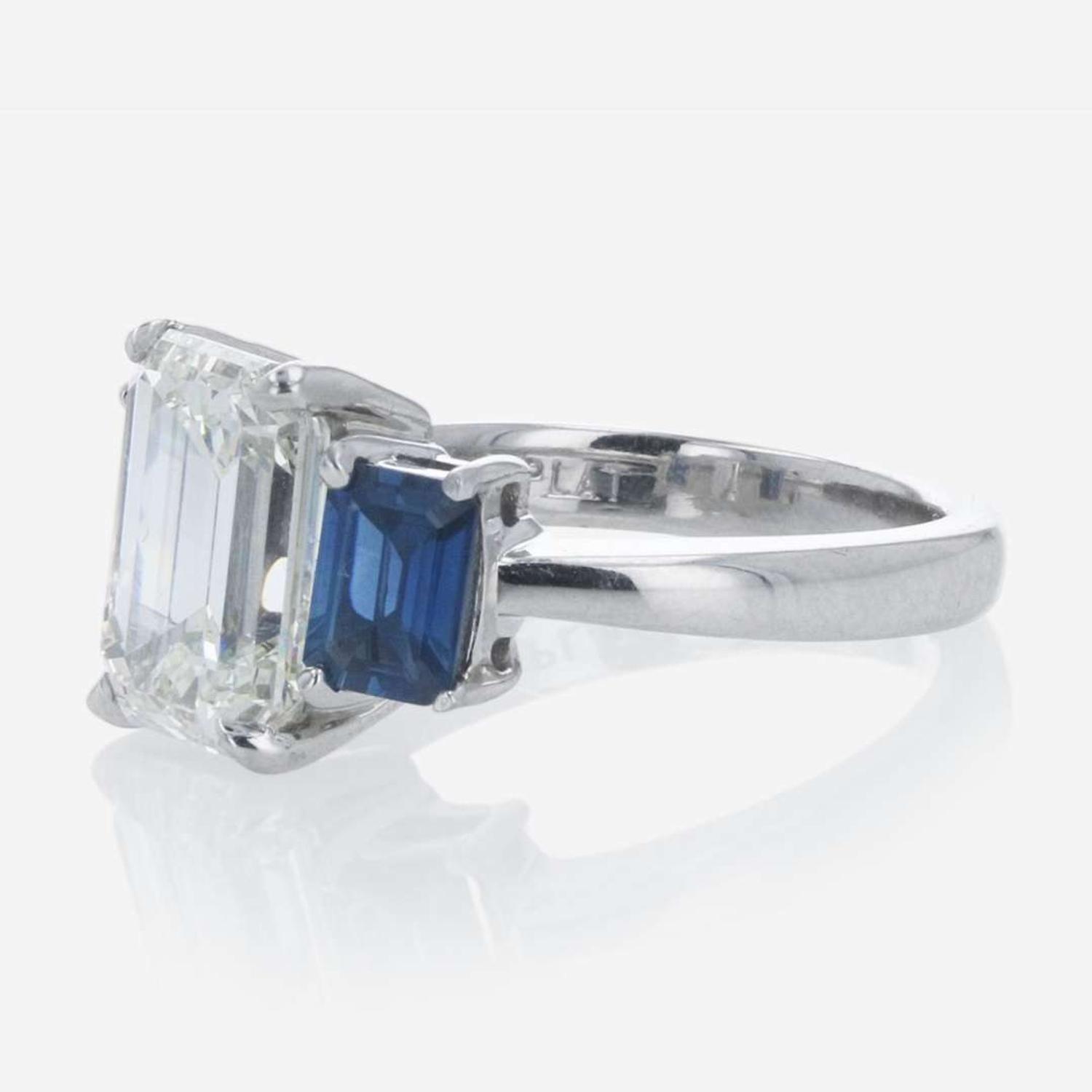 A Platinum, Sapphire, and Diamond Ladies Ring 3.58 Carat Emerald-Cut Diamond, GIA Certified