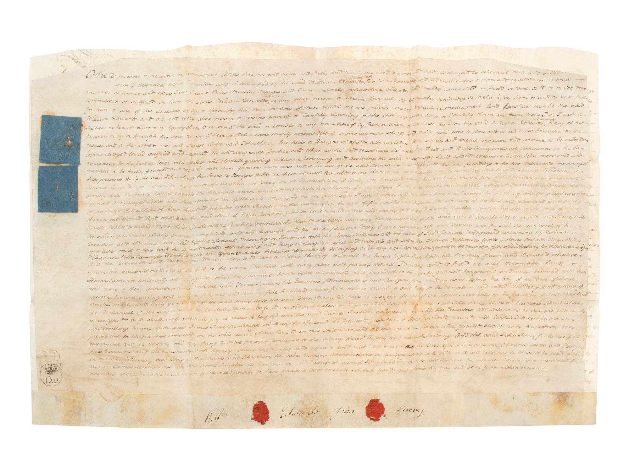 [BRITISH COLONIAL IMPRINTS]. A group of imprints, indentures, and other documents.