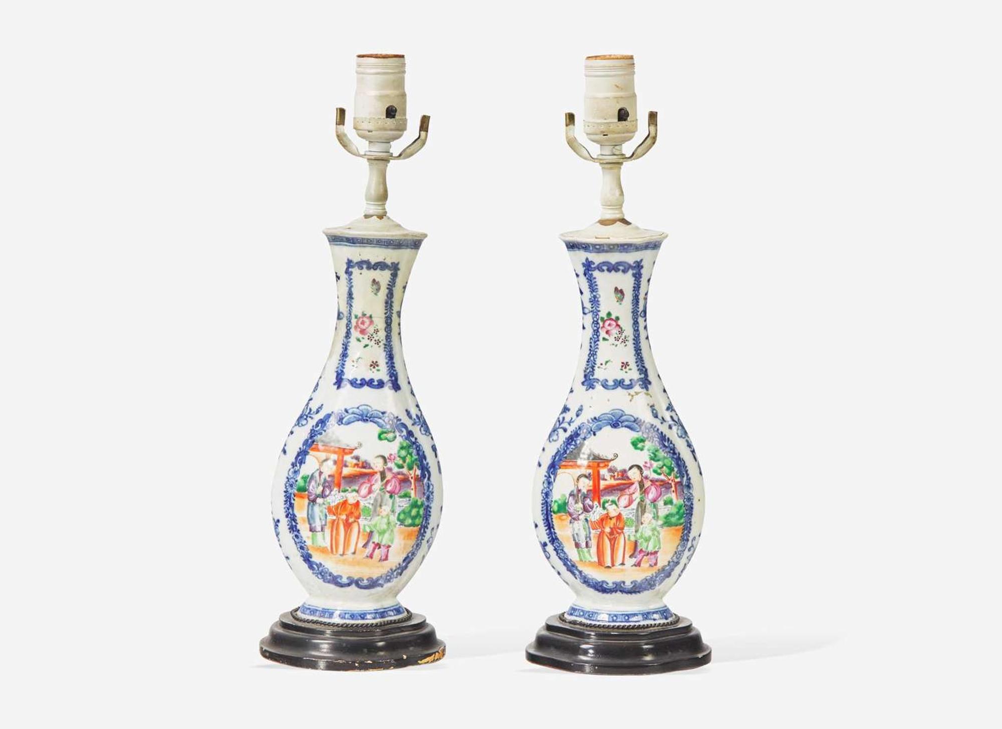 A pair of Chinese Export porcelain vases fitted as lamps, 18th century and later
