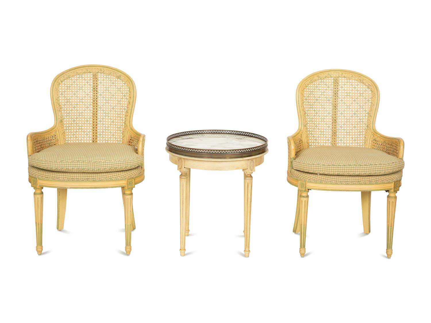 A Pair of Louis XVI Style Painted Caned Back Side Chairs with a Marble Top Gueridon
