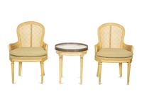 A Pair of Louis XVI Style Painted Caned Back Side Chairs with a Marble Top Gueridon