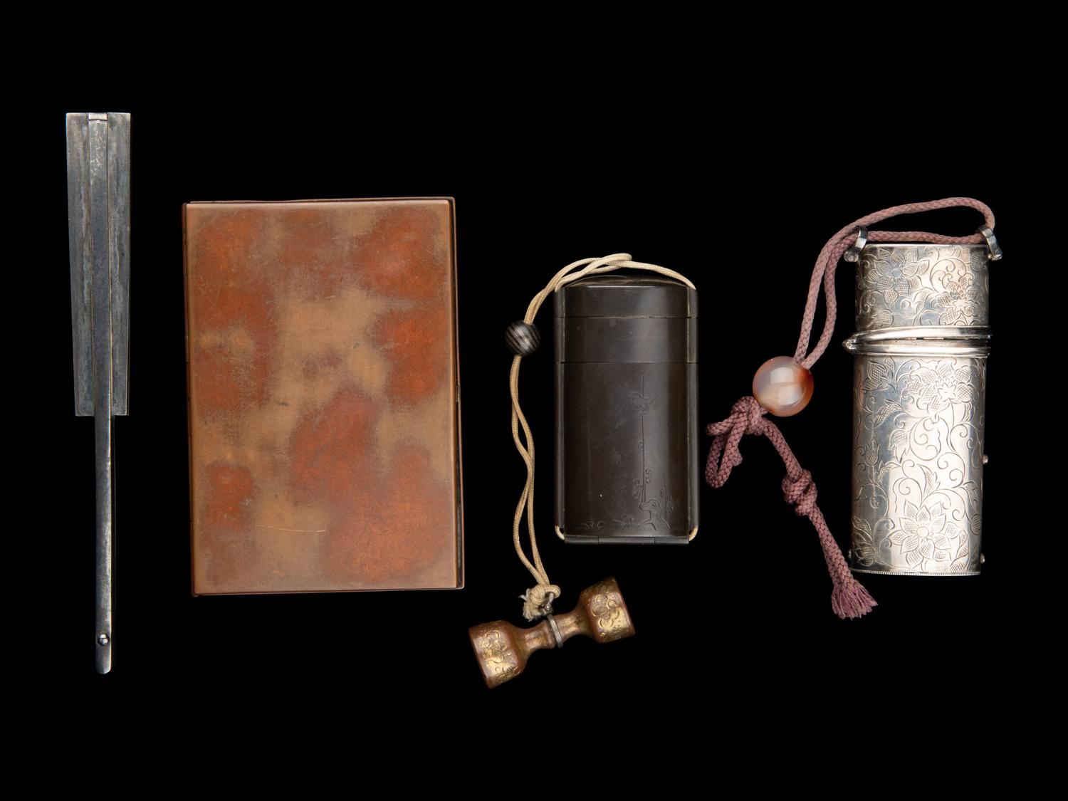 A Rare Japanese Silver Portable Tool Kit and Three Writing Sets