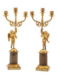 A Pair of Empire Gilt Bronze Three-Light Candelabra