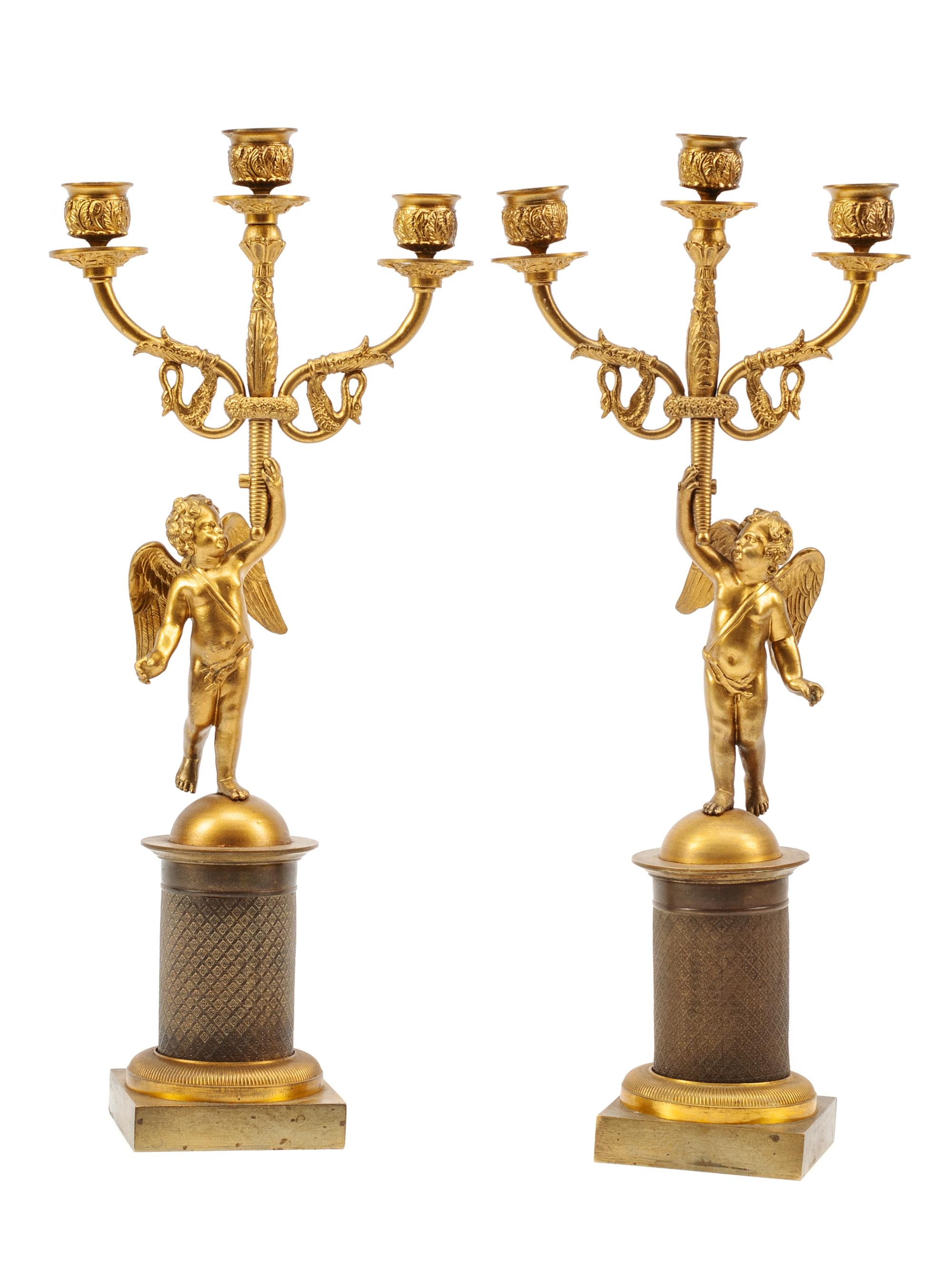 A Pair of Empire Gilt Bronze Three-Light Candelabra