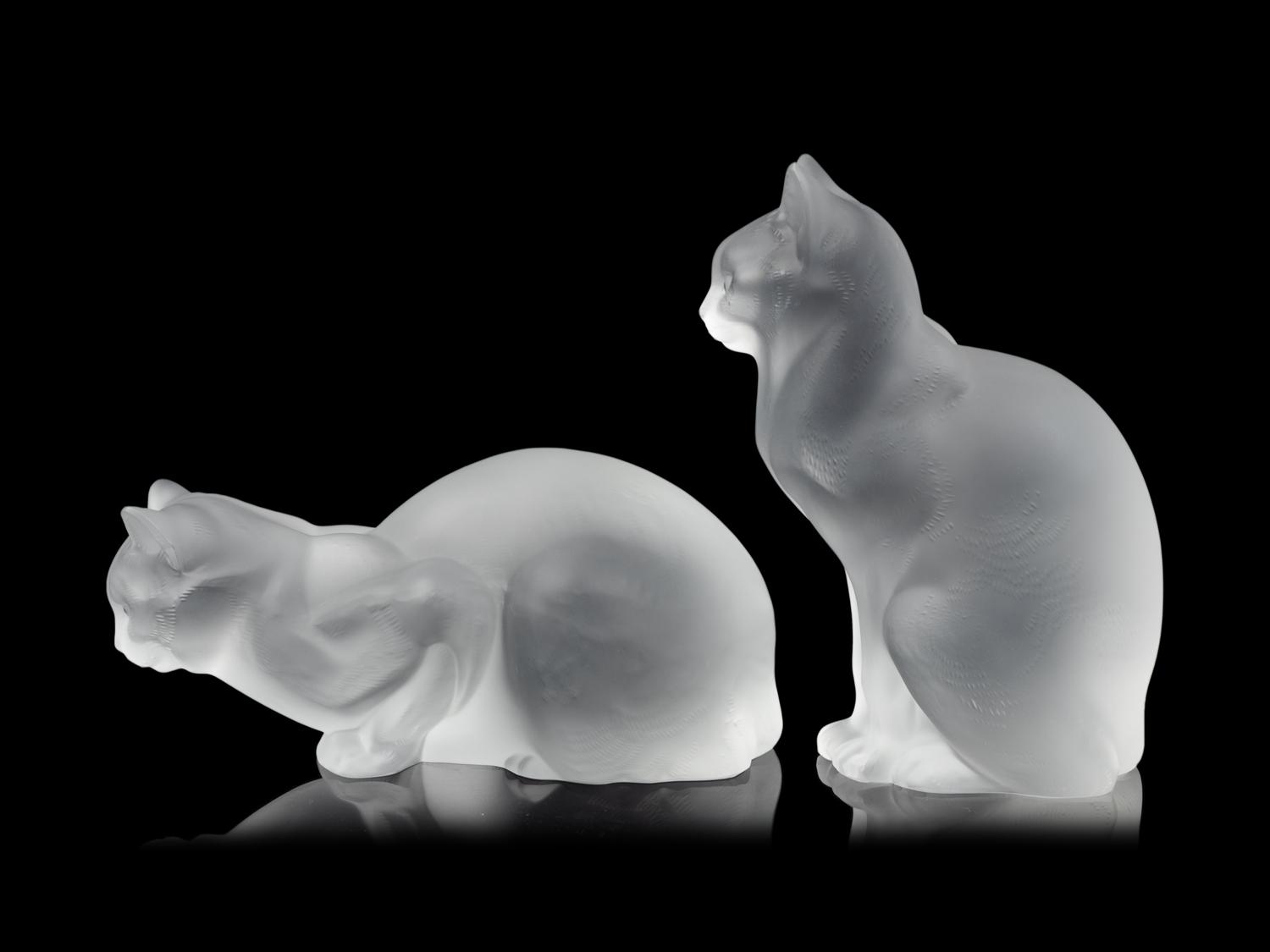 Two Lalique Molded and Frosted Glass Cats