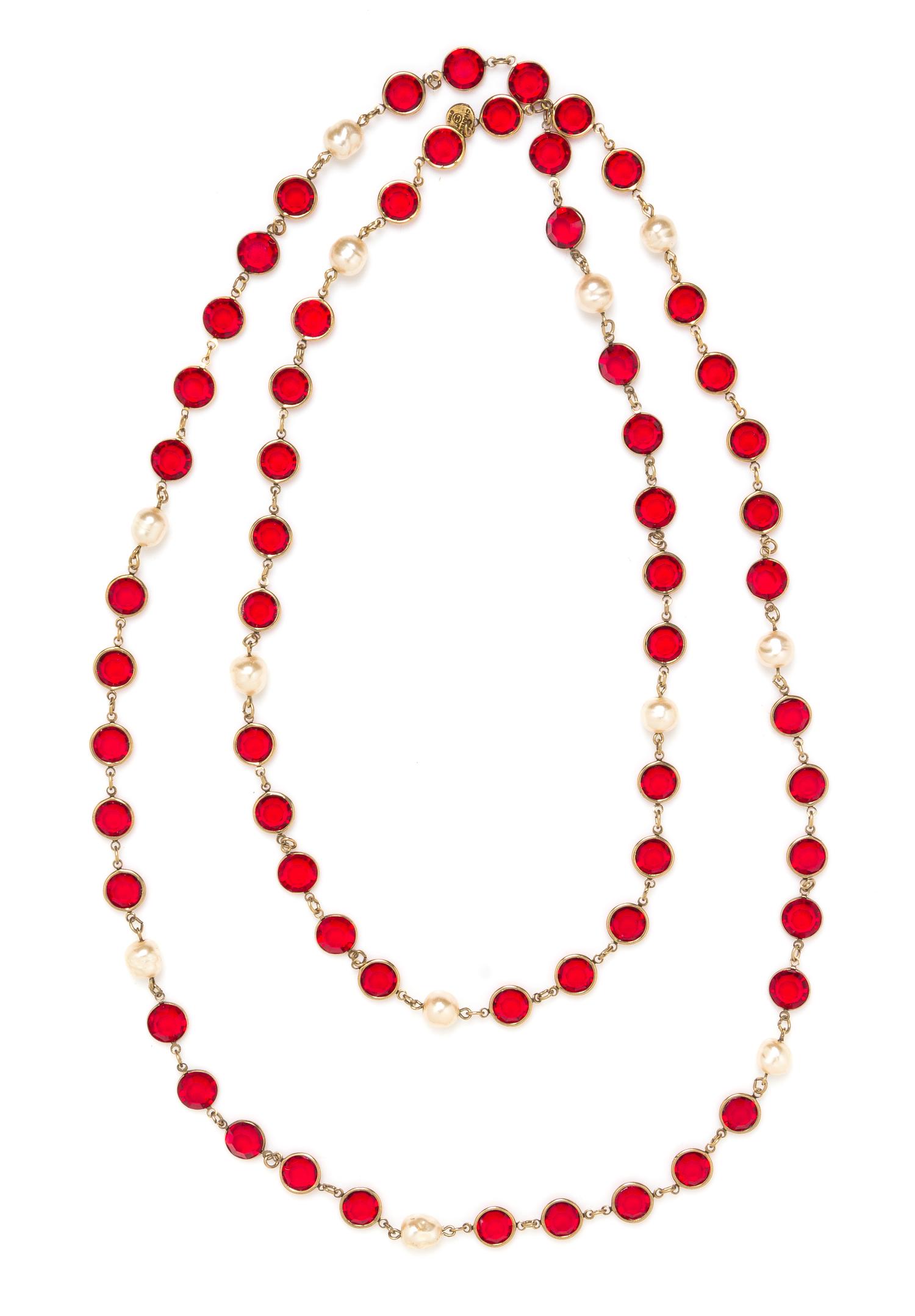 A Chanel Red Crystal and Pearl Sautoir, 54".