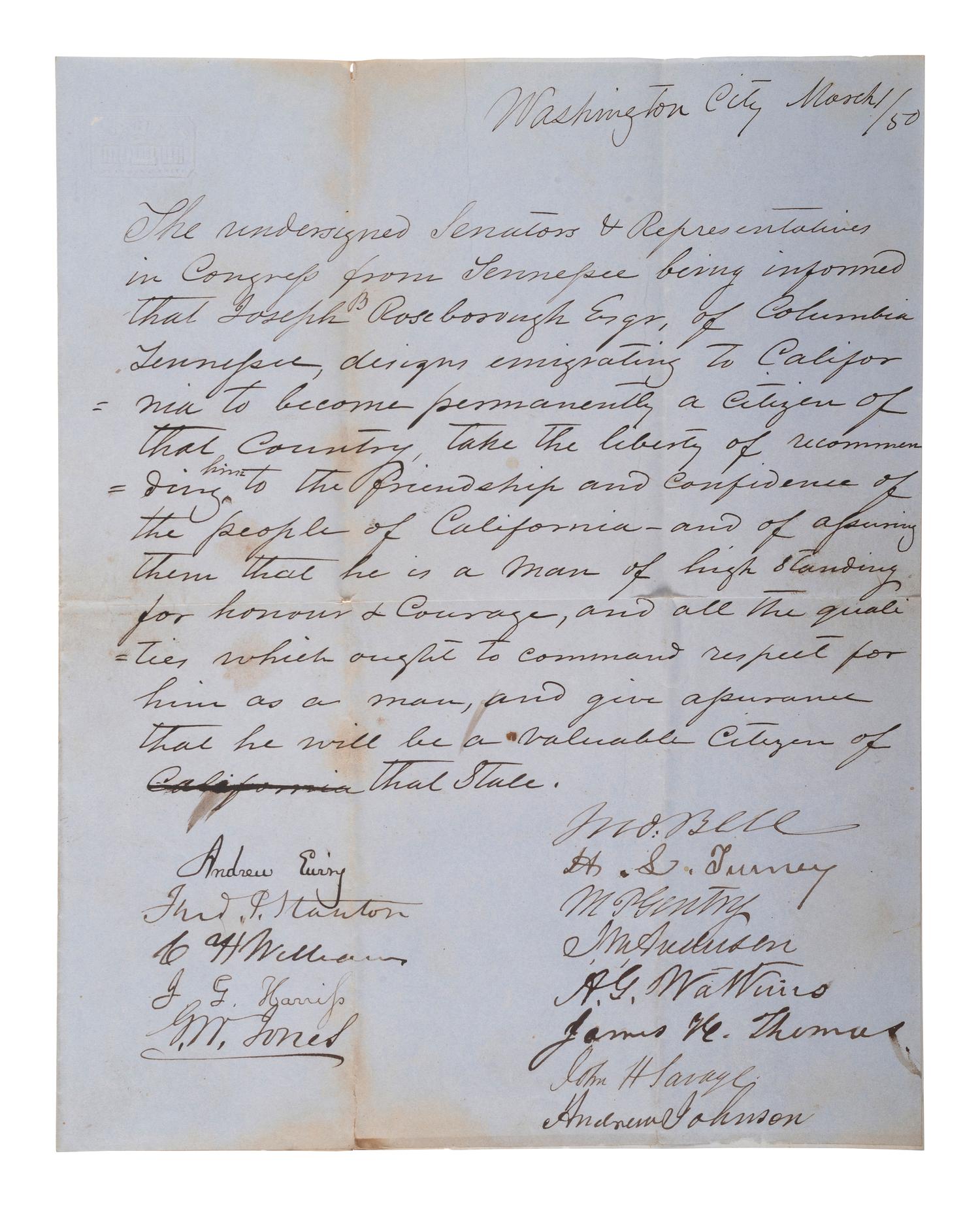 [WESTERN AMERICANA]. The Rosborough family archive, including letters relating to the California Gold Rush, the Modoc War, the Klondike Gold Rush, and early settlement and mining operations in Idaho Territory, Utah Territory, Nevada, and Texas.