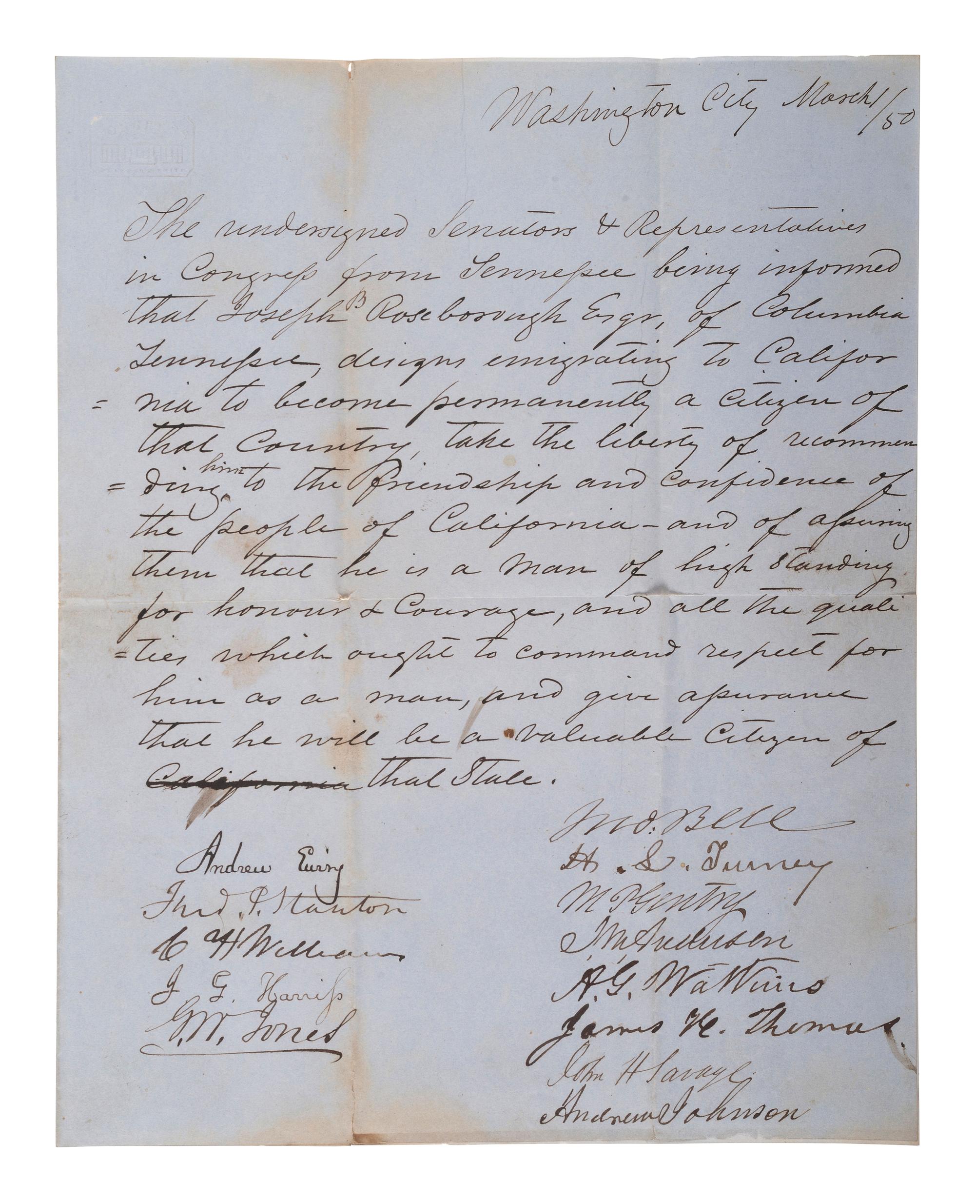 [WESTERN AMERICANA]. The Rosborough family archive, including letters relating to the California Gold Rush, the Modoc War, the Klondike Gold Rush, and early settlement and mining operations in Idaho Territory, Utah Territory, Nevada, and Texas.
