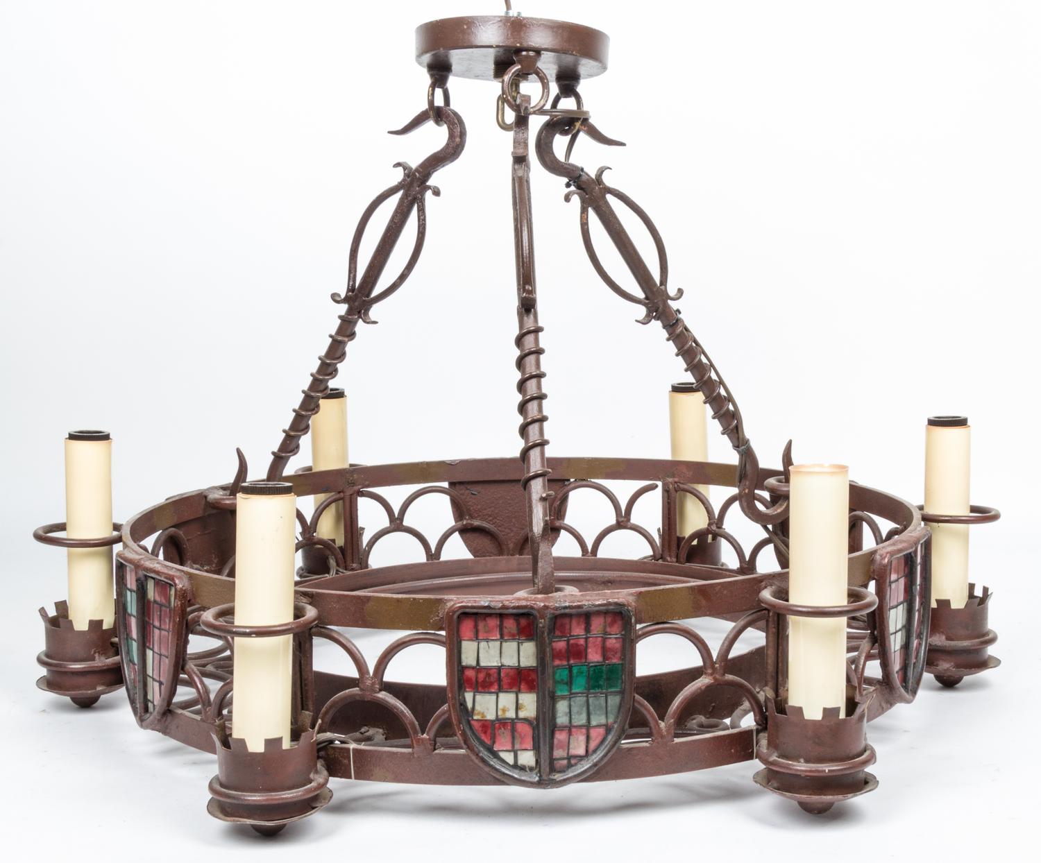 A Gothic Revival Wrought Iron Six-Light Fixture Diameter 22 1/4 inches.