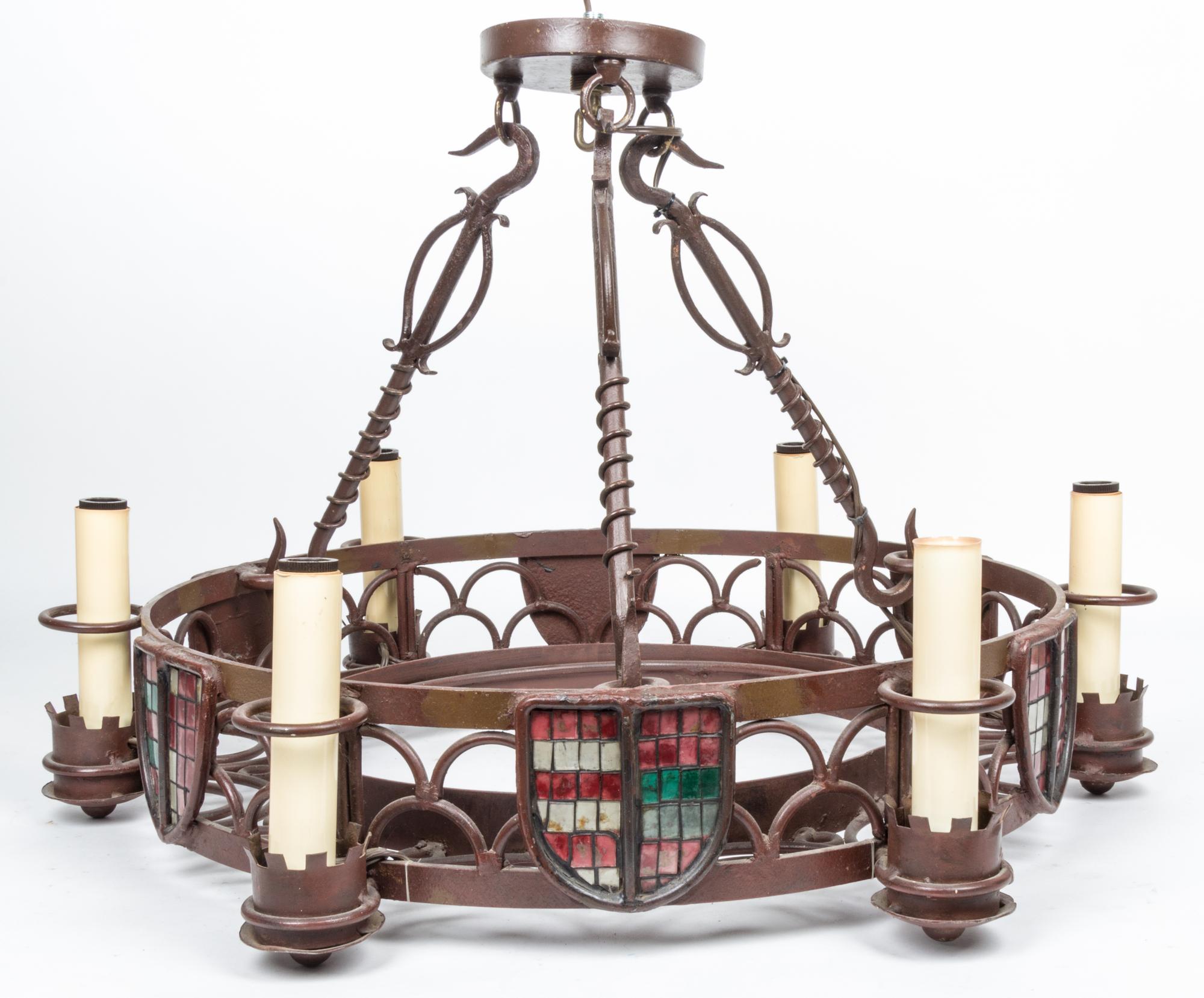 A Gothic Revival Wrought Iron Six-Light Fixture Diameter 22 1/4 inches.