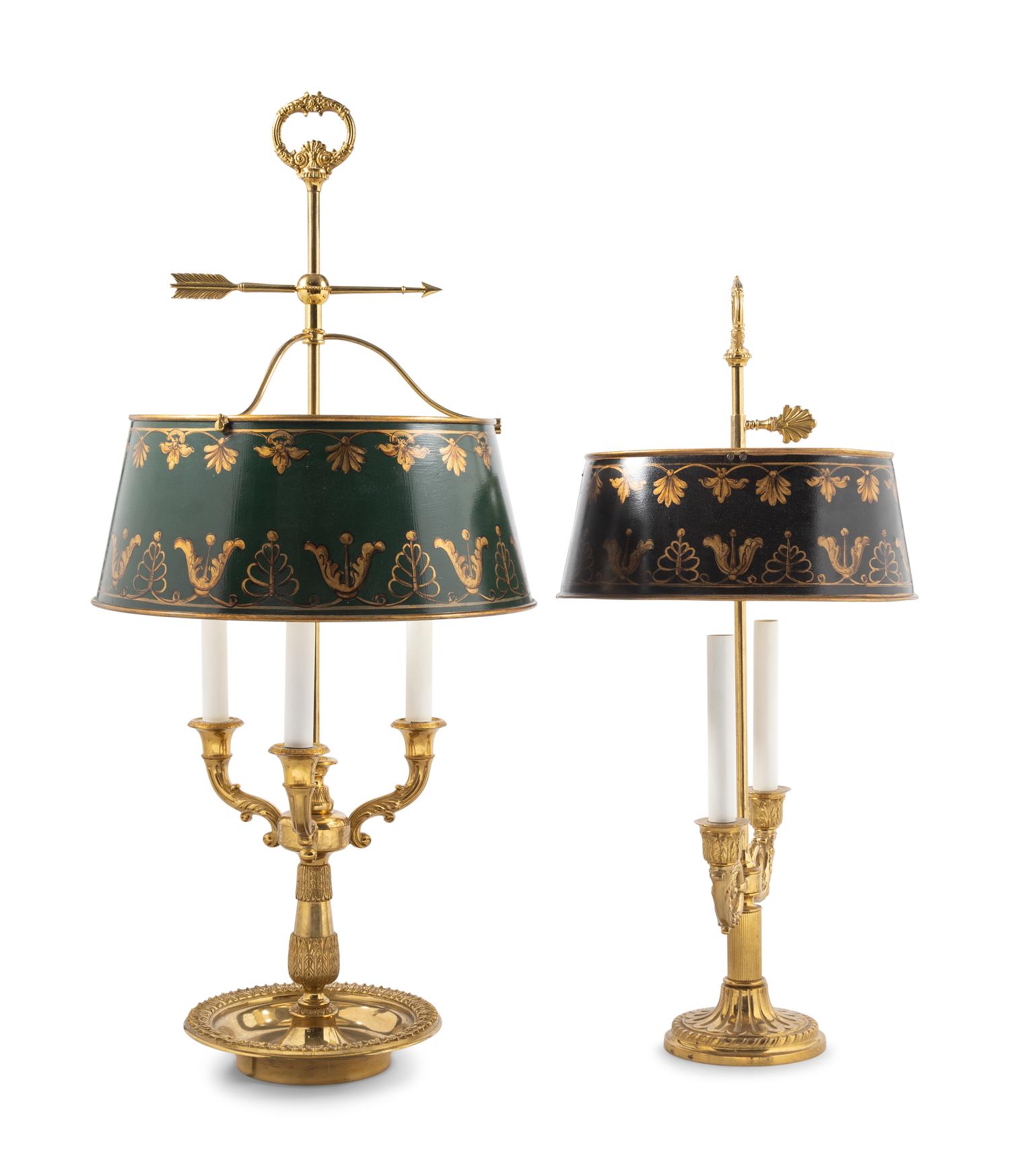 Two French Bouillotte Lamps with Tole Shades