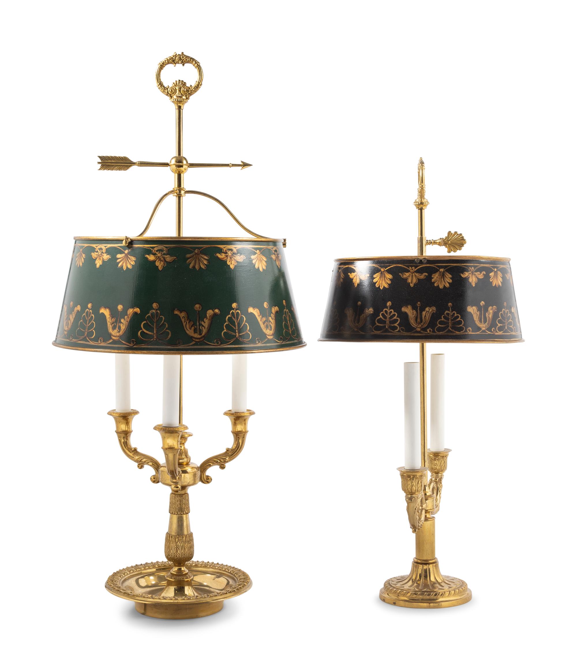Two French Bouillotte Lamps with Tole Shades