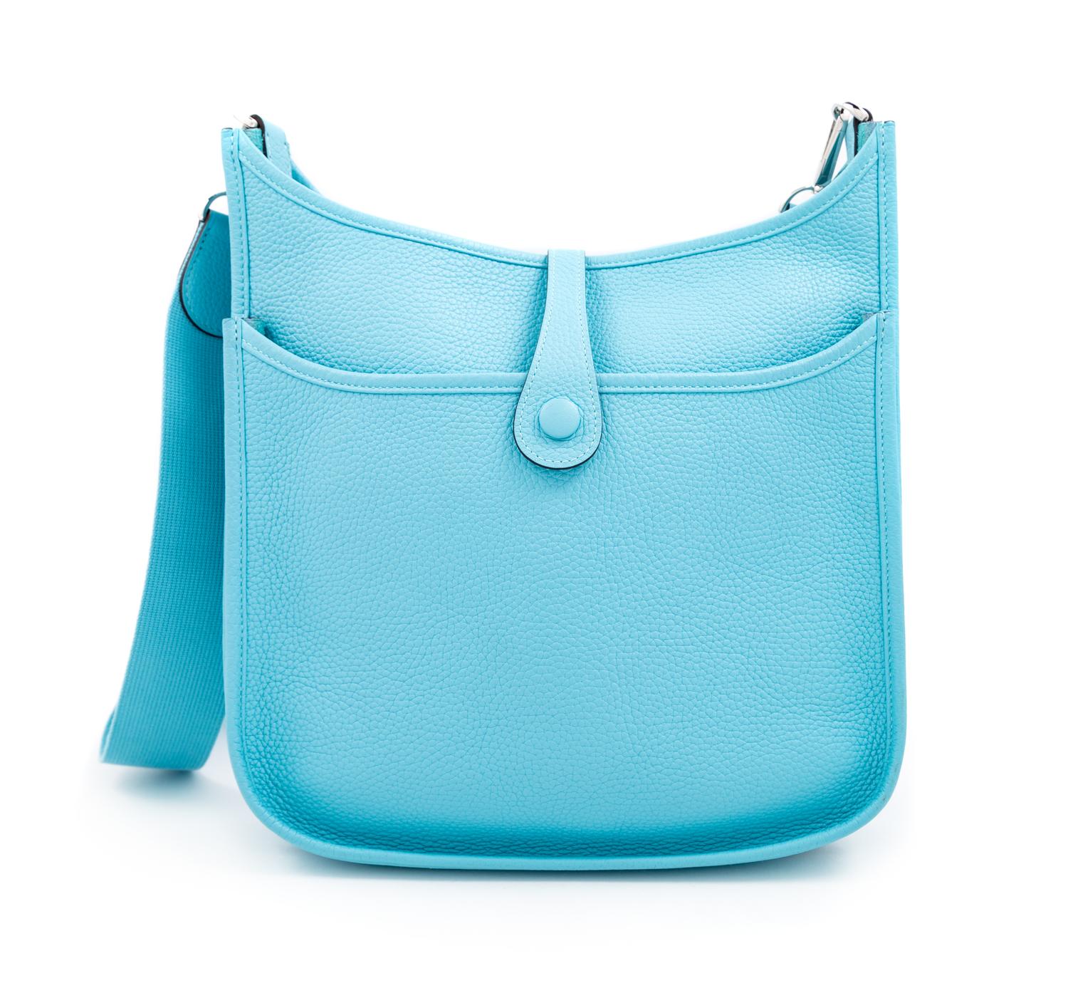 An Hermès Turquoise Evelyne III PM Bag, 12.75" H x 11.25" W x 3.25" D; Strap drop: 24.5"- 27.75".