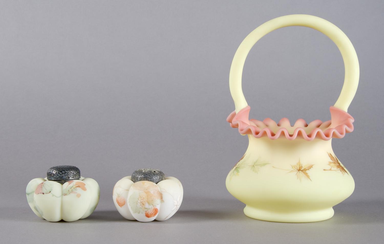 A Collection of Three Enameled Burmese Glass Articles, Height of first 7 1/2 inches.