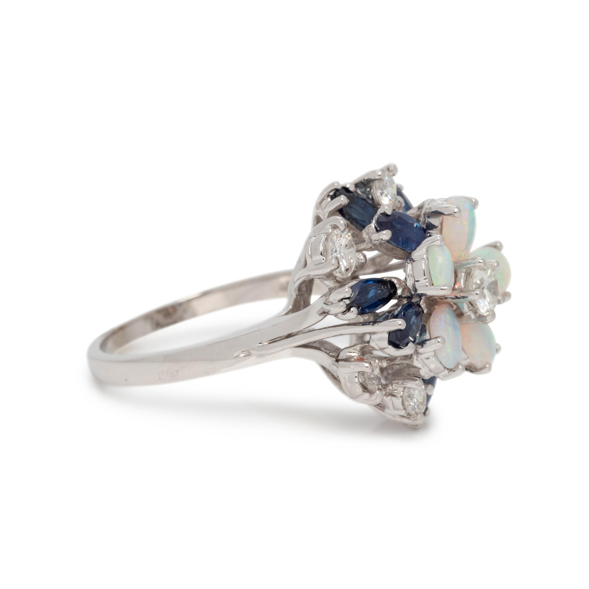 DIAMOND, OPAL AND SYNTHETIC SAPPHIRE RING