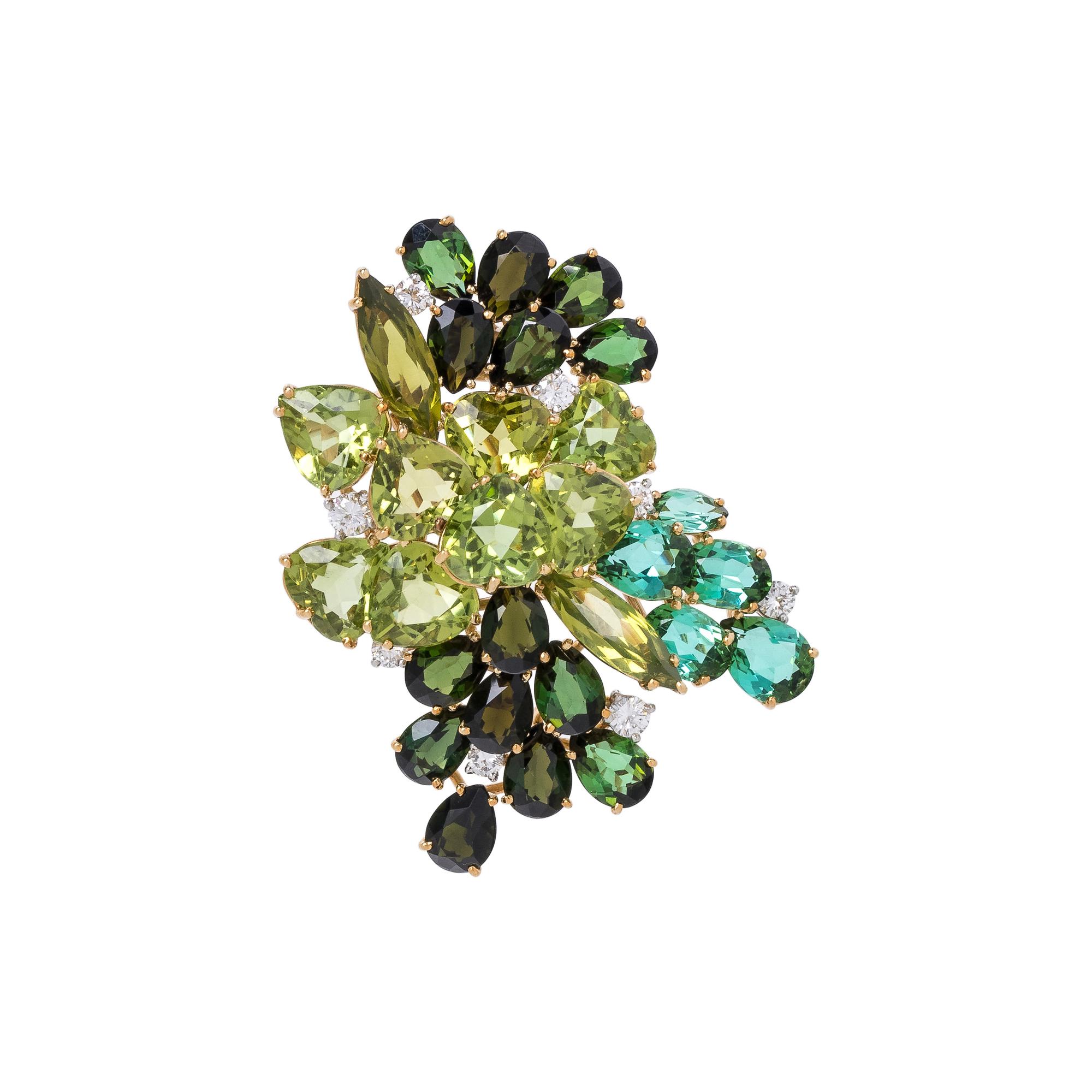 OLGA TRITT, PERIDOT, TOURMALINE AND DIAMOND BROOCH