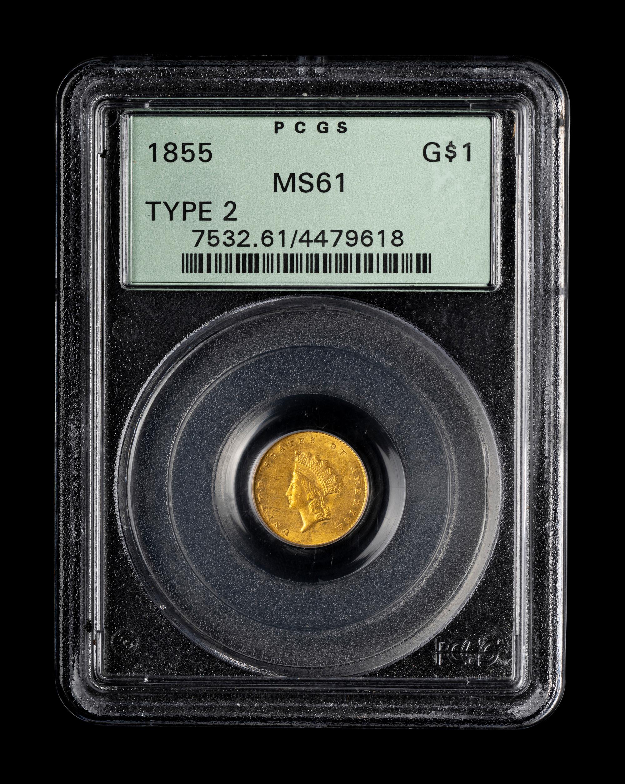 An 1855 Indian Princess $1 Gold Coin (PCGS MS61)