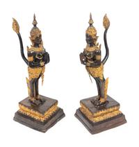 A Pair of Thai Parcel Gilt and Patinated Bronze Mythical Figures