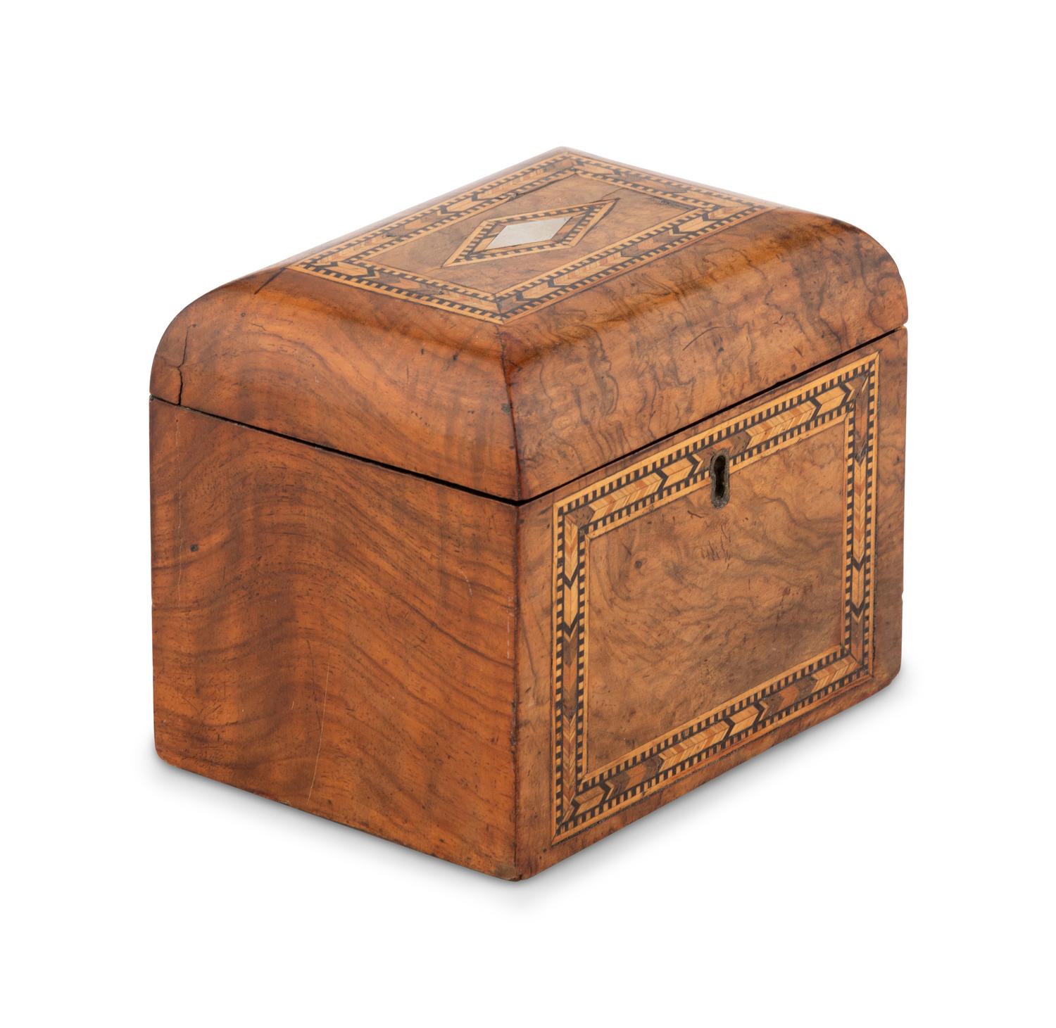 A Victorian Marquetry and Burlwood Tea Caddy