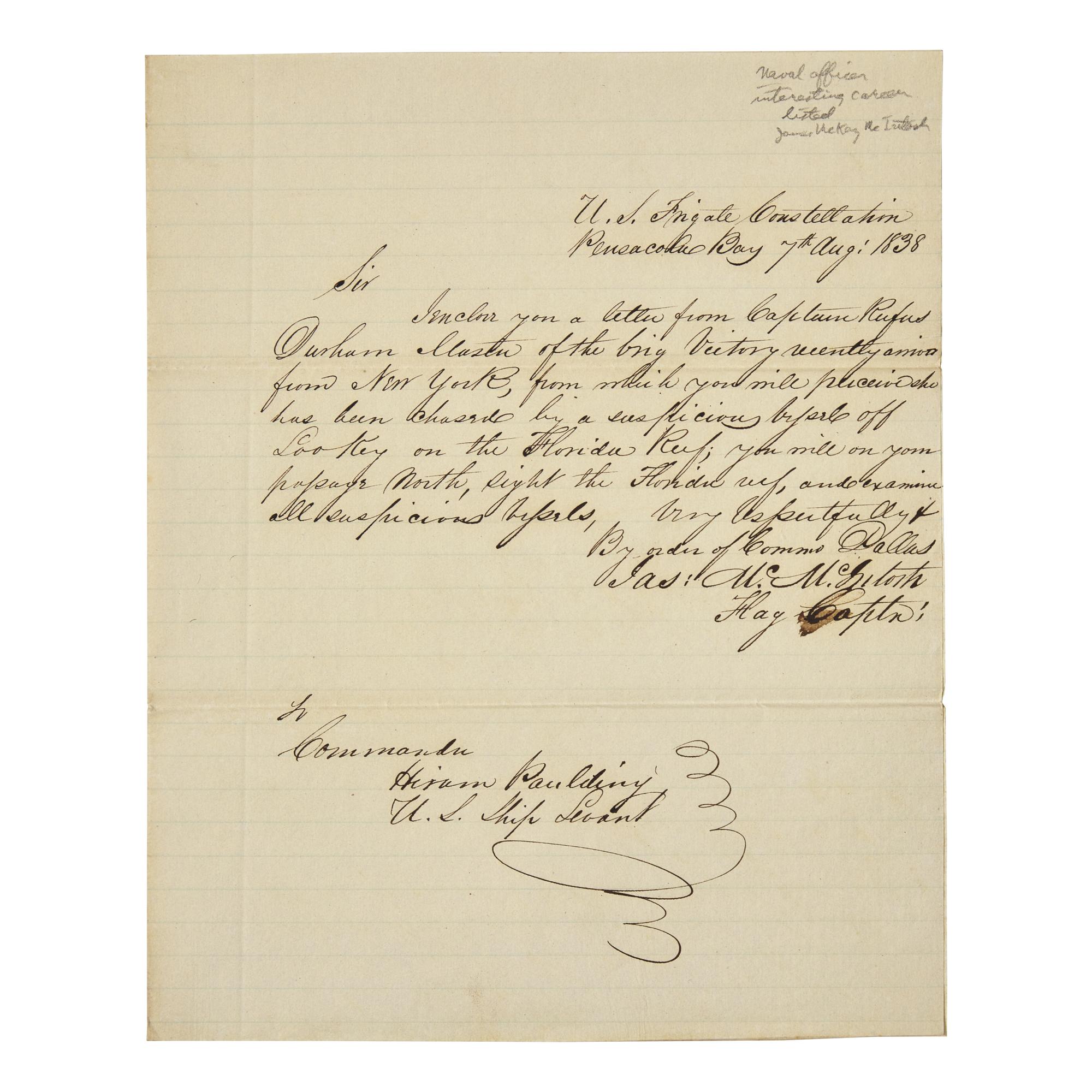 [Paulding, Hiram] [Pirates] MacIntosh, James M. Two Letters Reporting of Pirates
