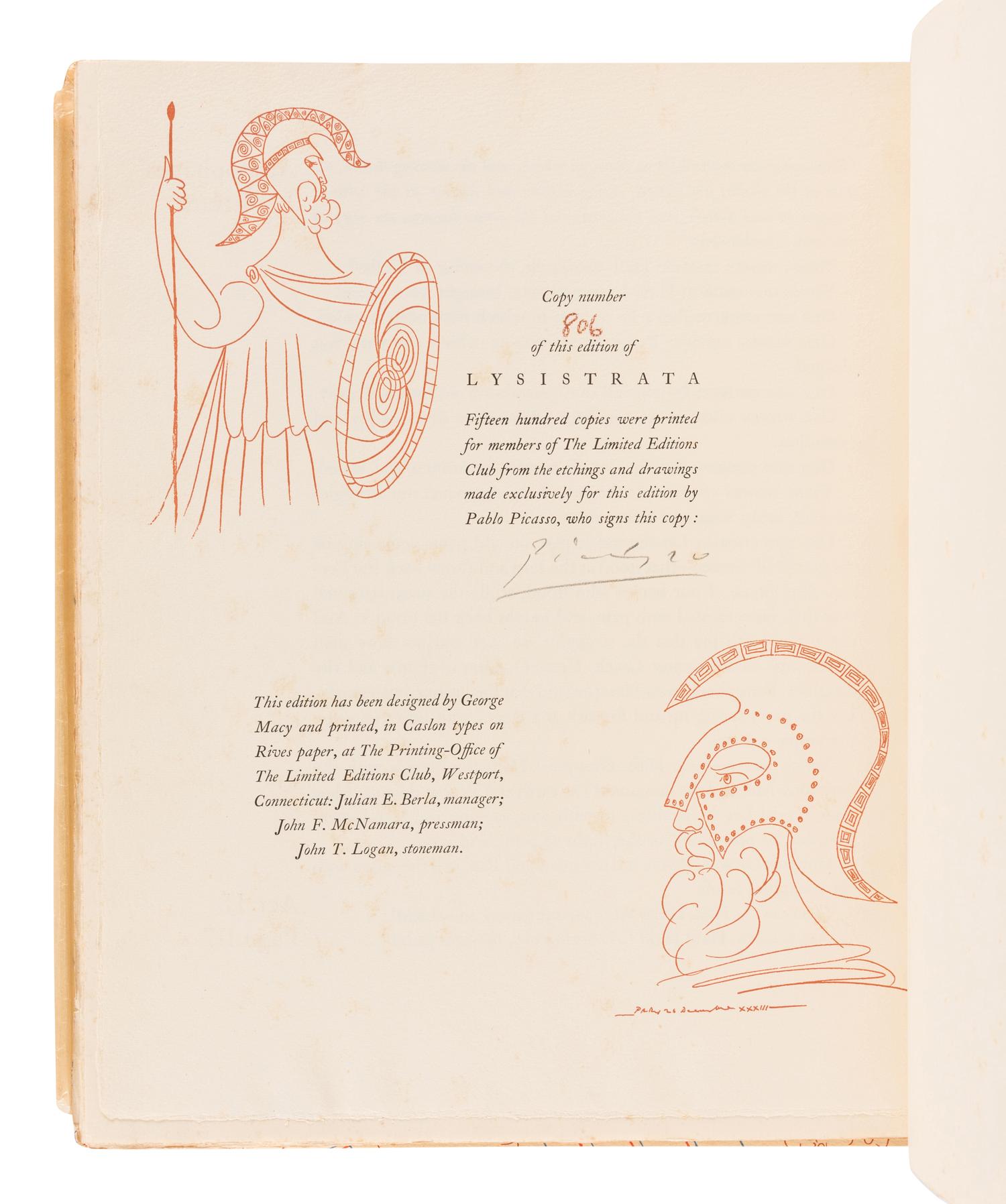 [LIMITED EDITIONS CLUB] -- ARISTOPHANES (448?-380? B.C.) Pablo PICASSO (1881-1973), illustrator. Lysistrata . Gilbert SELDES (1893-1970), introductions. New York: Limited Editions Club, 1934.