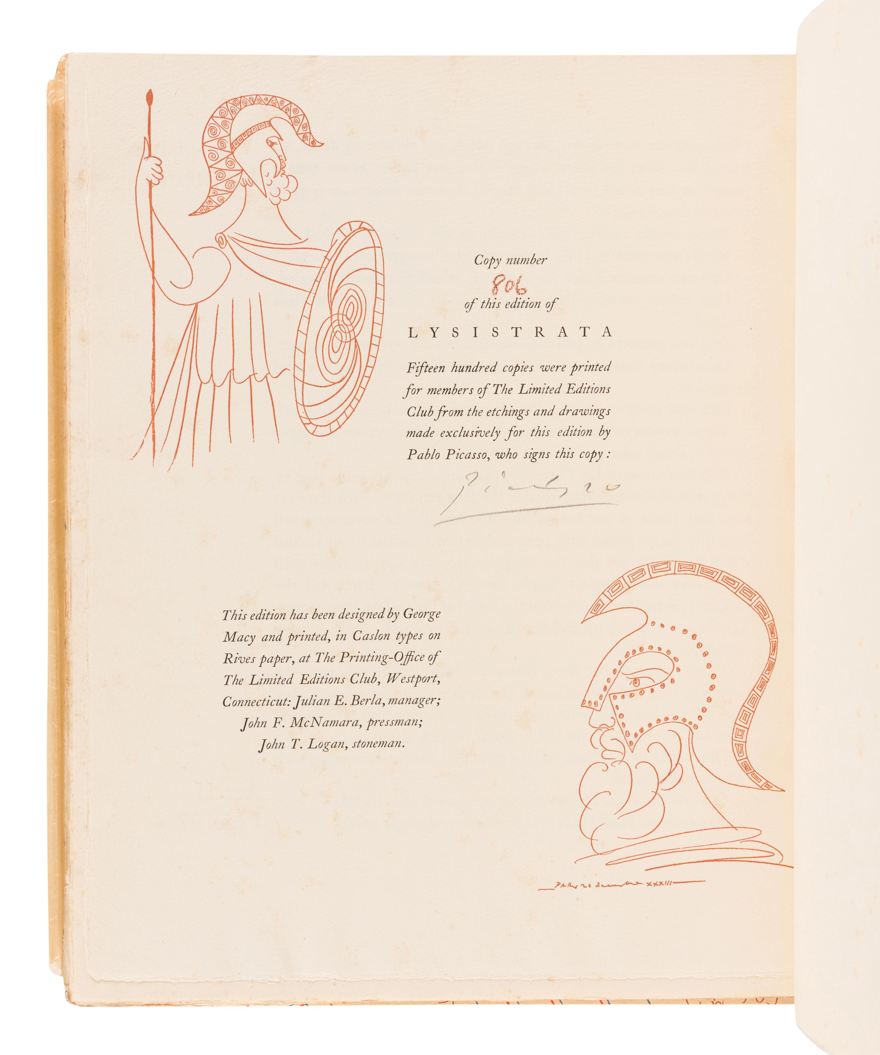 [LIMITED EDITIONS CLUB] -- ARISTOPHANES (448?-380? B.C.) Pablo PICASSO (1881-1973), illustrator. Lysistrata . Gilbert SELDES (1893-1970), introductions. New York: Limited Editions Club, 1934.