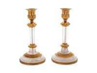 A Pair of French Gilt Bronze and Rock Crystal Candlesticks