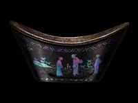 A Set of Six Mother-of-Pearl Inlaid Black Lacquer Ingot-Form Cups