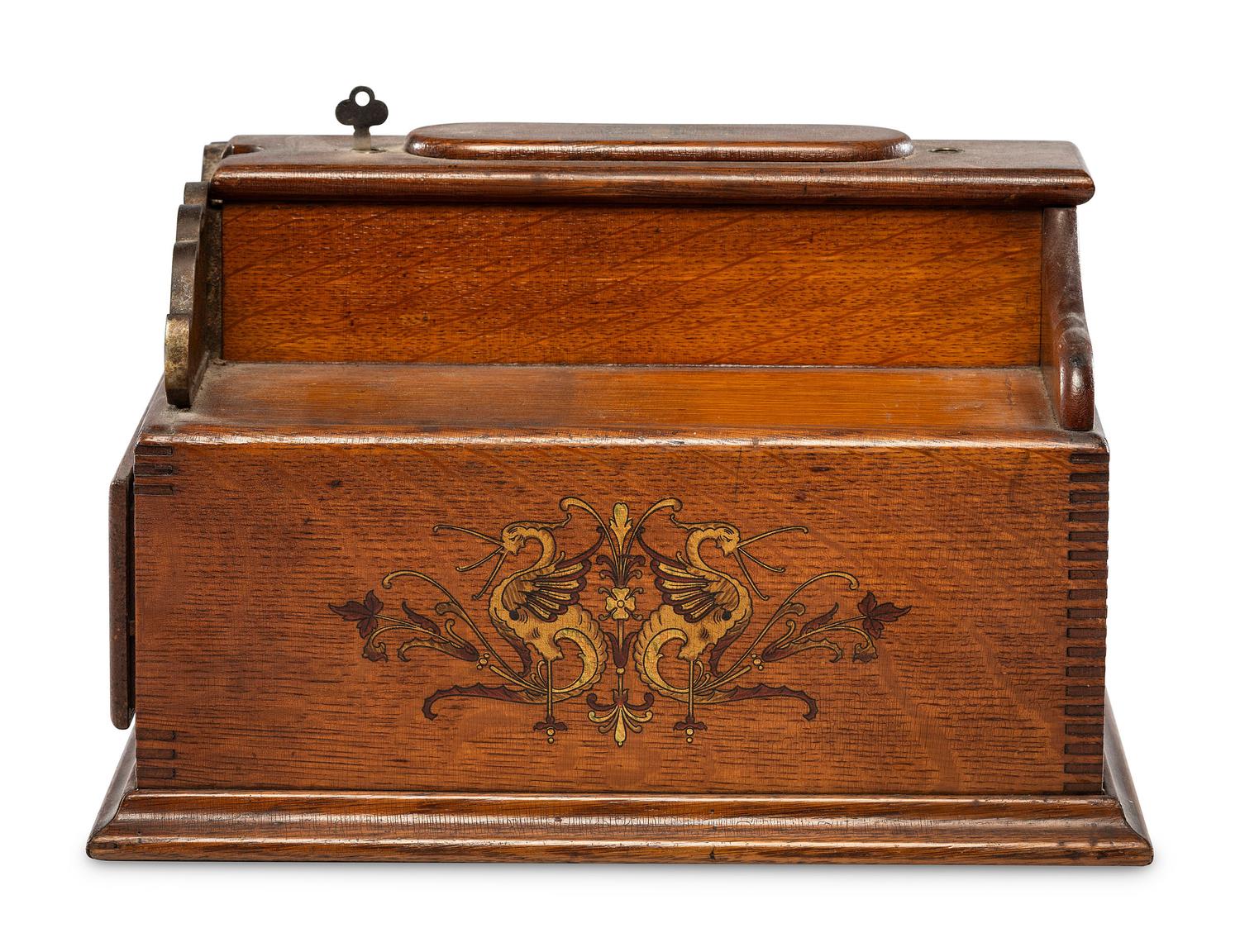 A Monitor Paint Decorated Oak and Cast Iron Coin-Operated Barbershop Cash Register