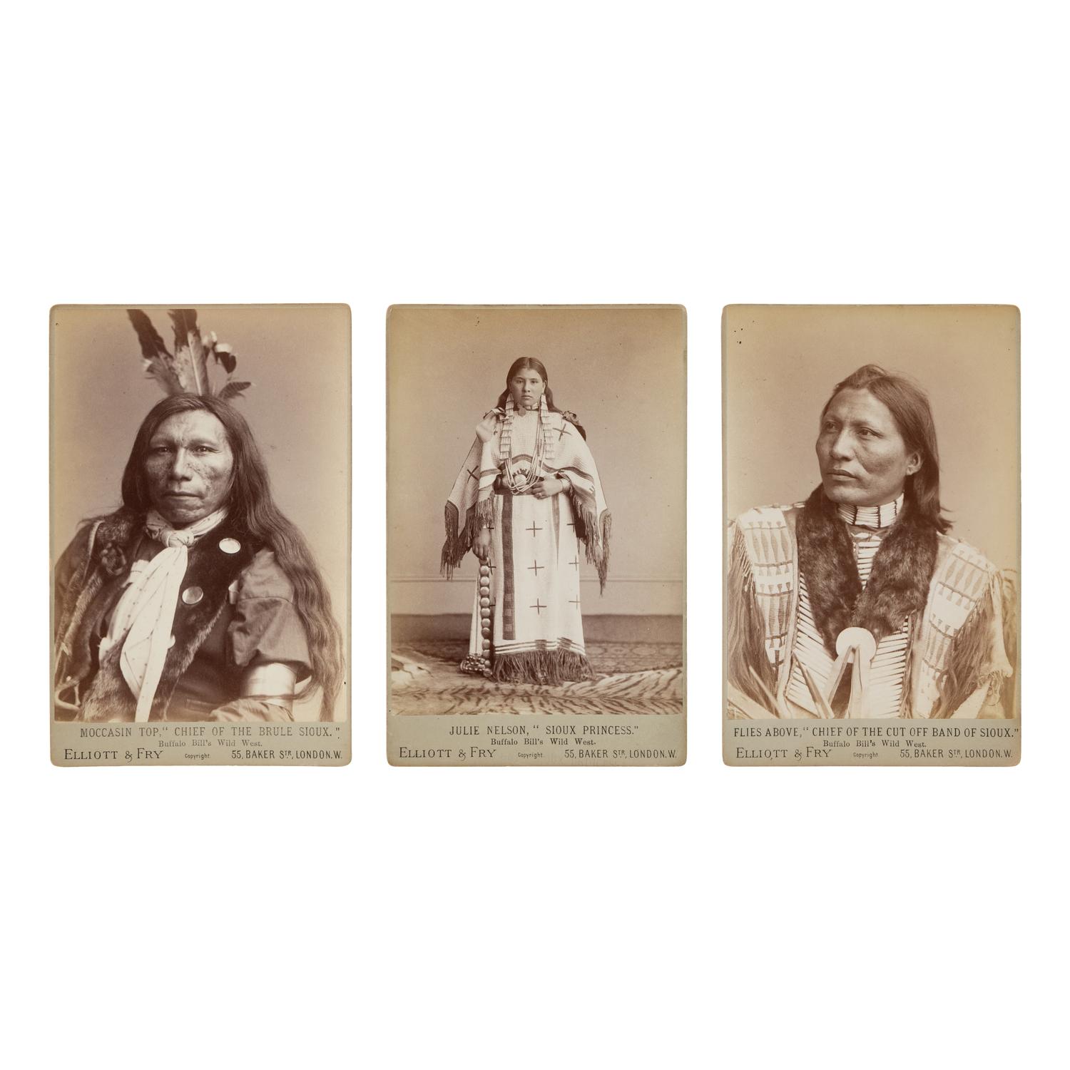 [Wild West Shows]. Elliott and Fry. A Group of 3 cabinet cards of Sioux Indians from Buffalo Bill's Wild West show. London, ca 1887.