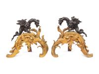 A Pair of French Gilt and Patinated Bronze Chenets
