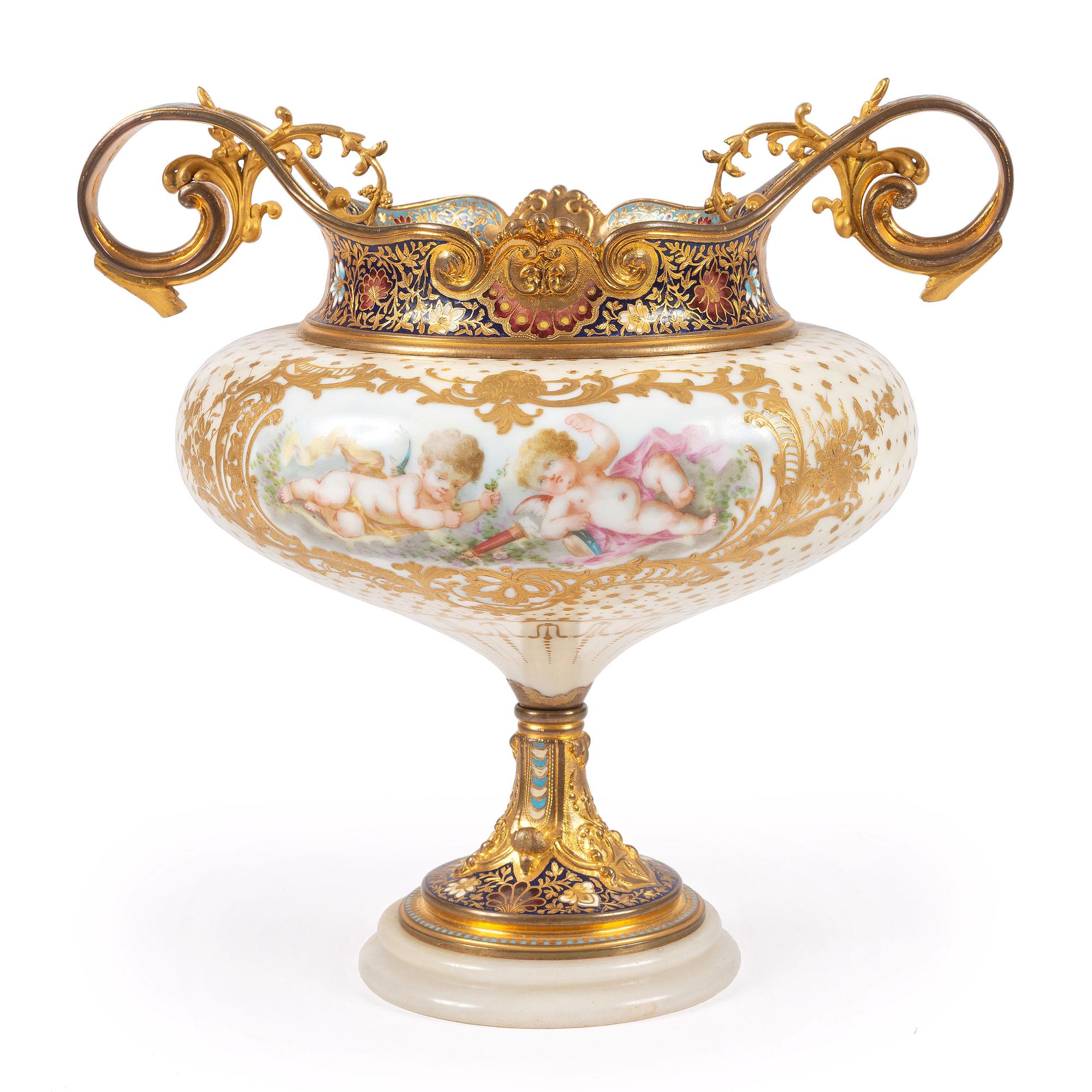A French Porcelain and Champlevé Enamel Urn
