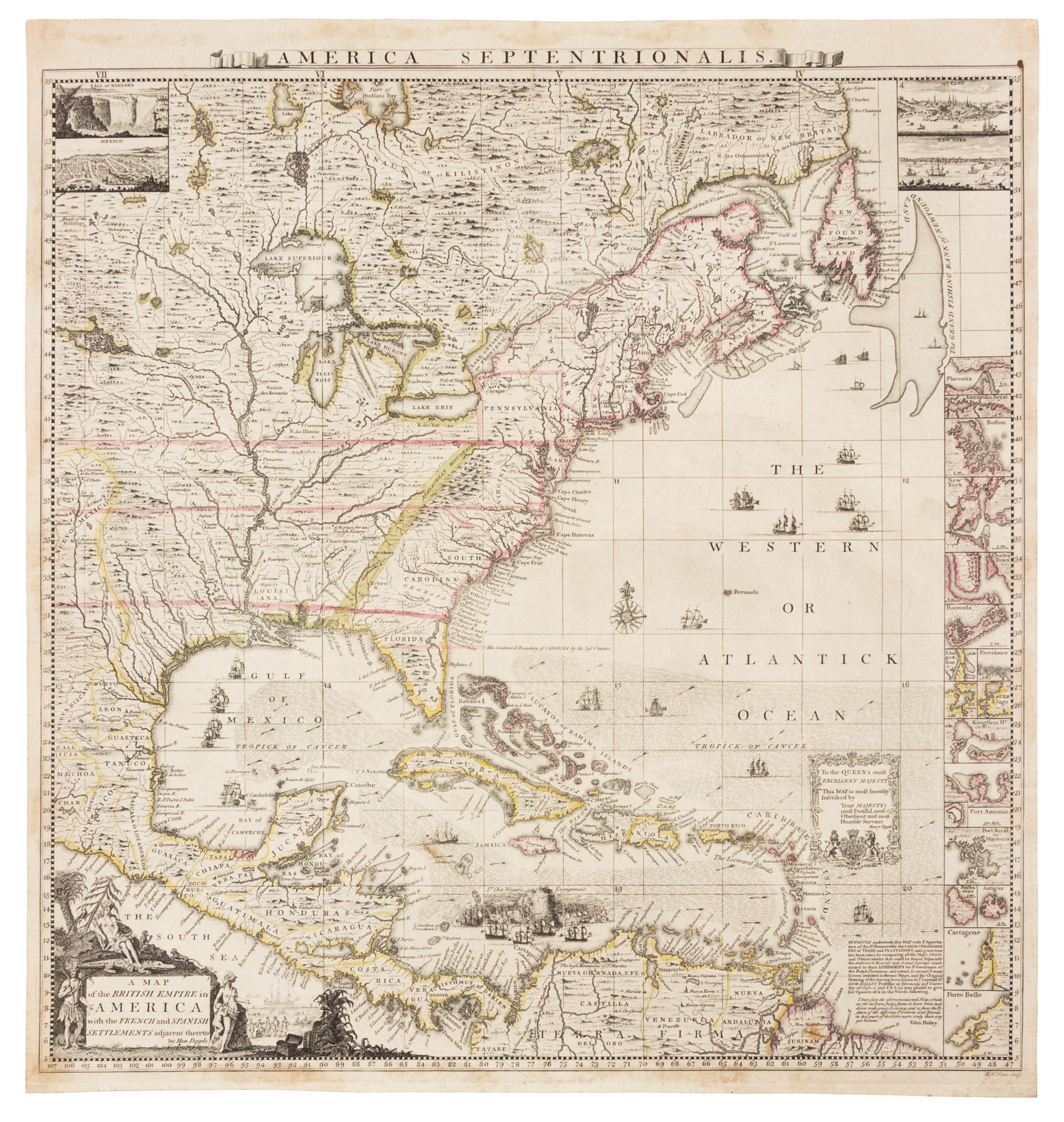 POPPLE, Henry (d.1743). A Map of the British Empire in America with the French and Spanish Settlements adjacent therto . London, ca 1734