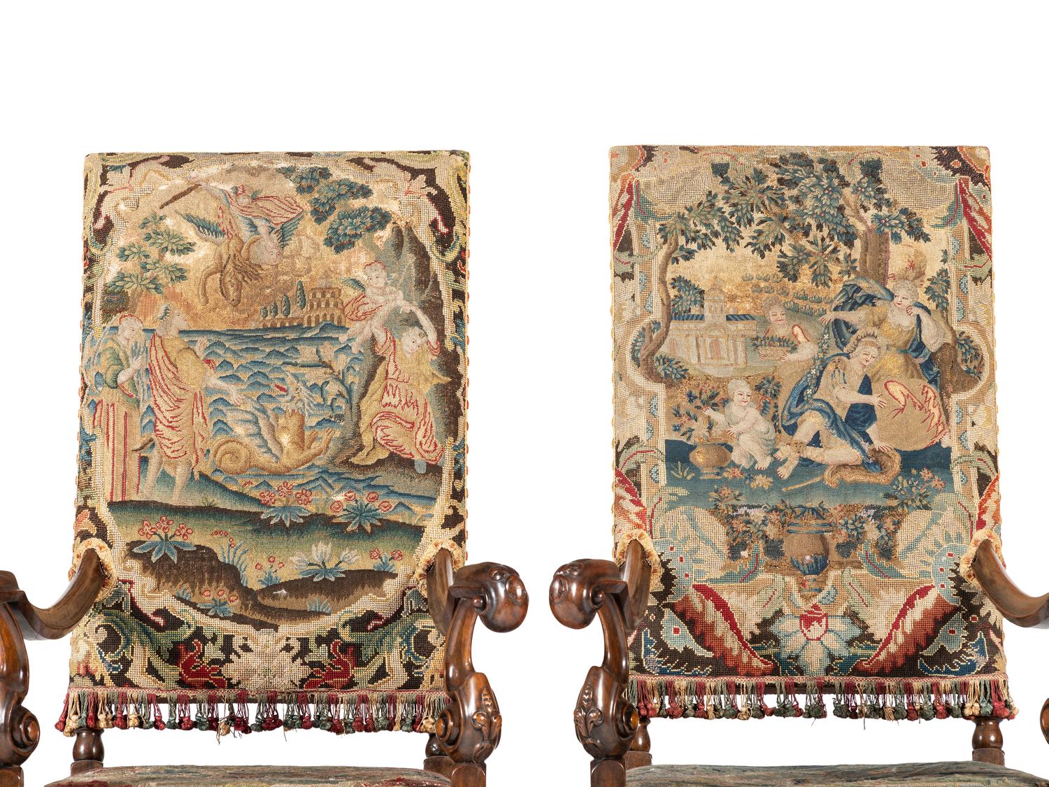 A Pair of William and Mary Style Walnut Armchairs with Flemish Tapestry Upholstery