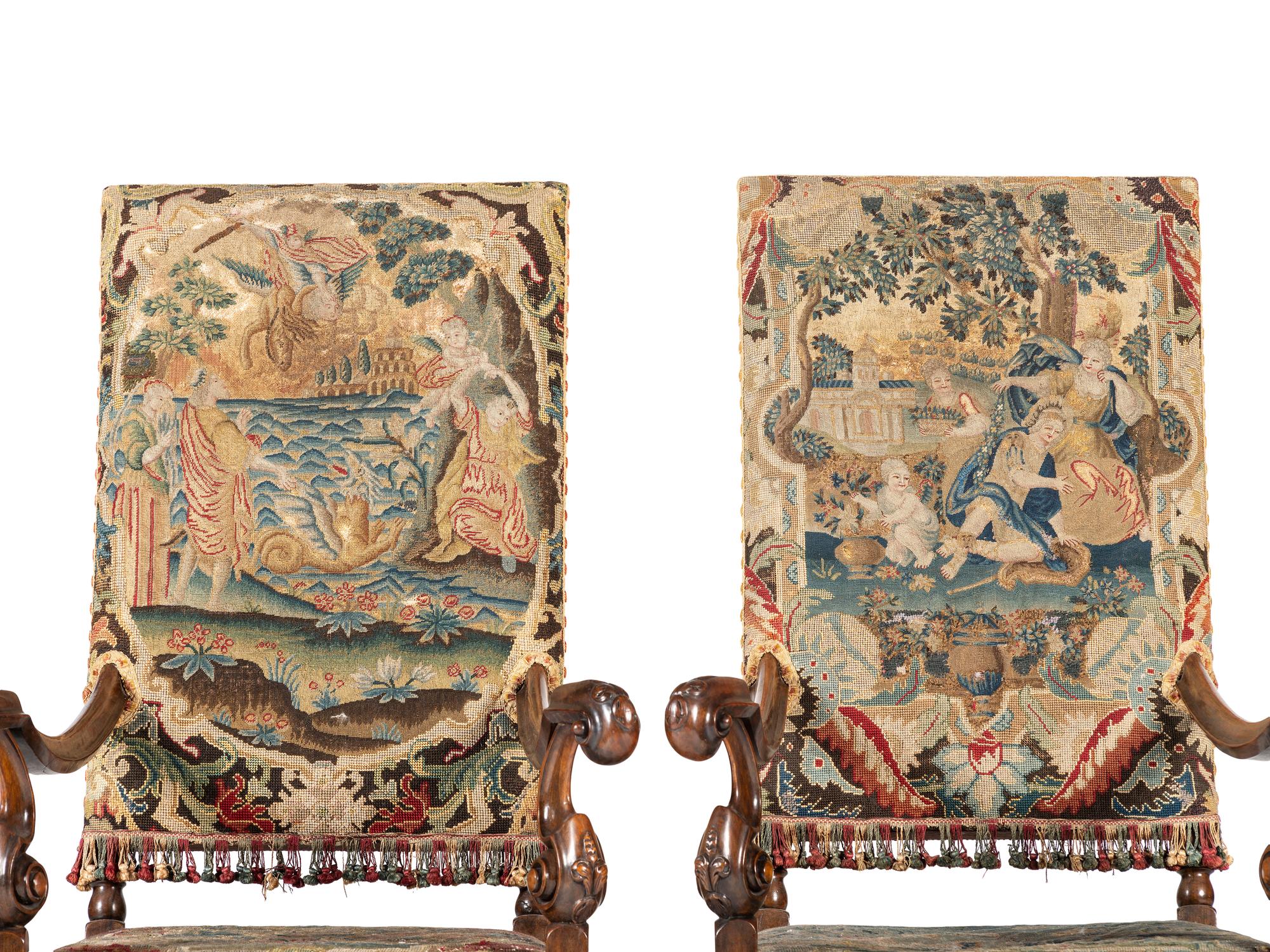 A Pair of William and Mary Style Walnut Armchairs with Flemish Tapestry Upholstery