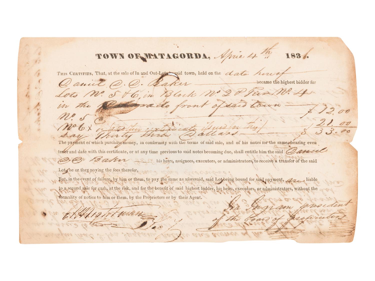[MATAGORDA PROPRIETORS]. Partly printed document accomplished in manuscript. A land deed signed by two of the proprietors, both Old Three Hundreds, Ira Ingram and Elias Wightman. [San Felipe de Austin: Printed by G.B. Cotten, 1830 or early 1831].