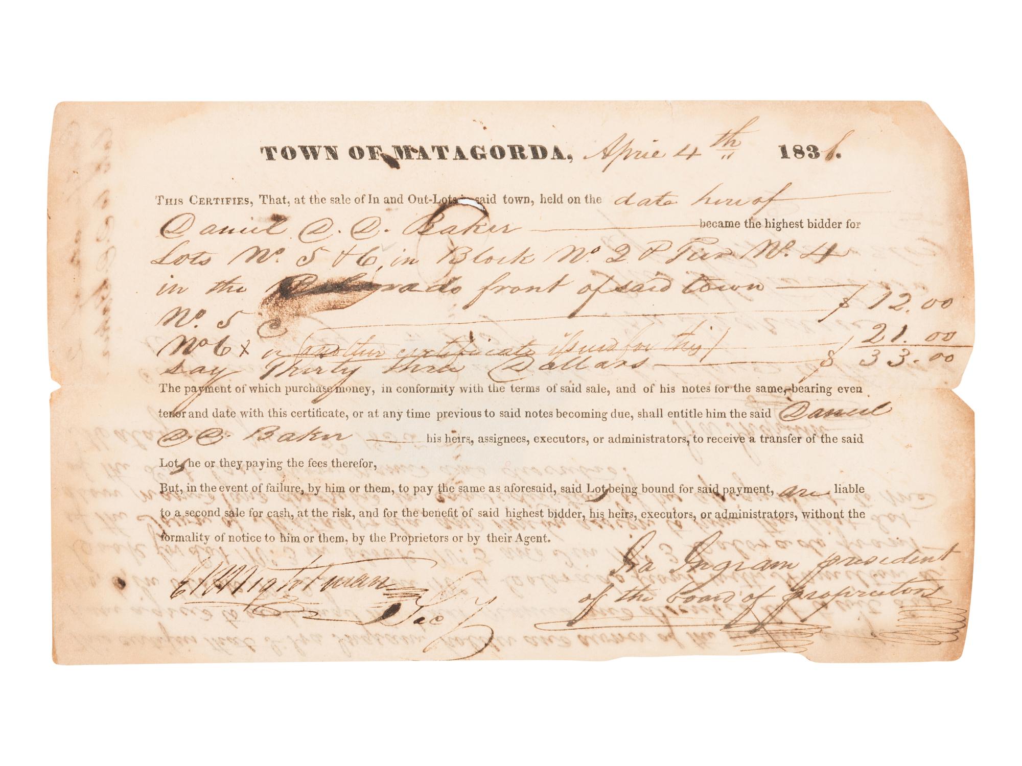 [MATAGORDA PROPRIETORS]. Partly printed document accomplished in manuscript. A land deed signed by two of the proprietors, both Old Three Hundreds, Ira Ingram and Elias Wightman. [San Felipe de Austin: Printed by G.B. Cotten, 1830 or early 1831].