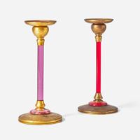 Louis C. Tiffany Furnaces, Inc. (American, active 1920-1928) Two Red or Pink Glass and Enamel Candlesticks, New York, NY, 1920s