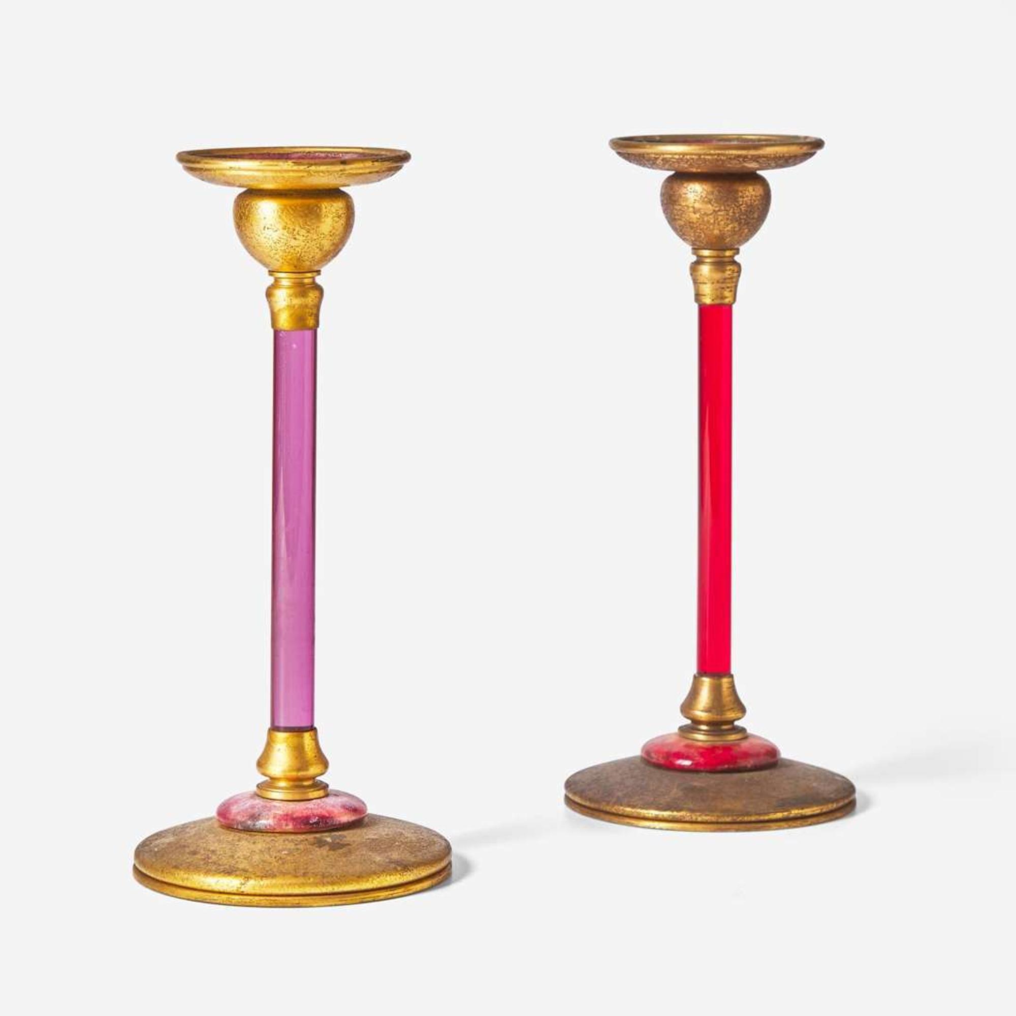 Louis C. Tiffany Furnaces, Inc. (American, active 1920-1928) Two Red or Pink Glass and Enamel Candlesticks, New York, NY, 1920s