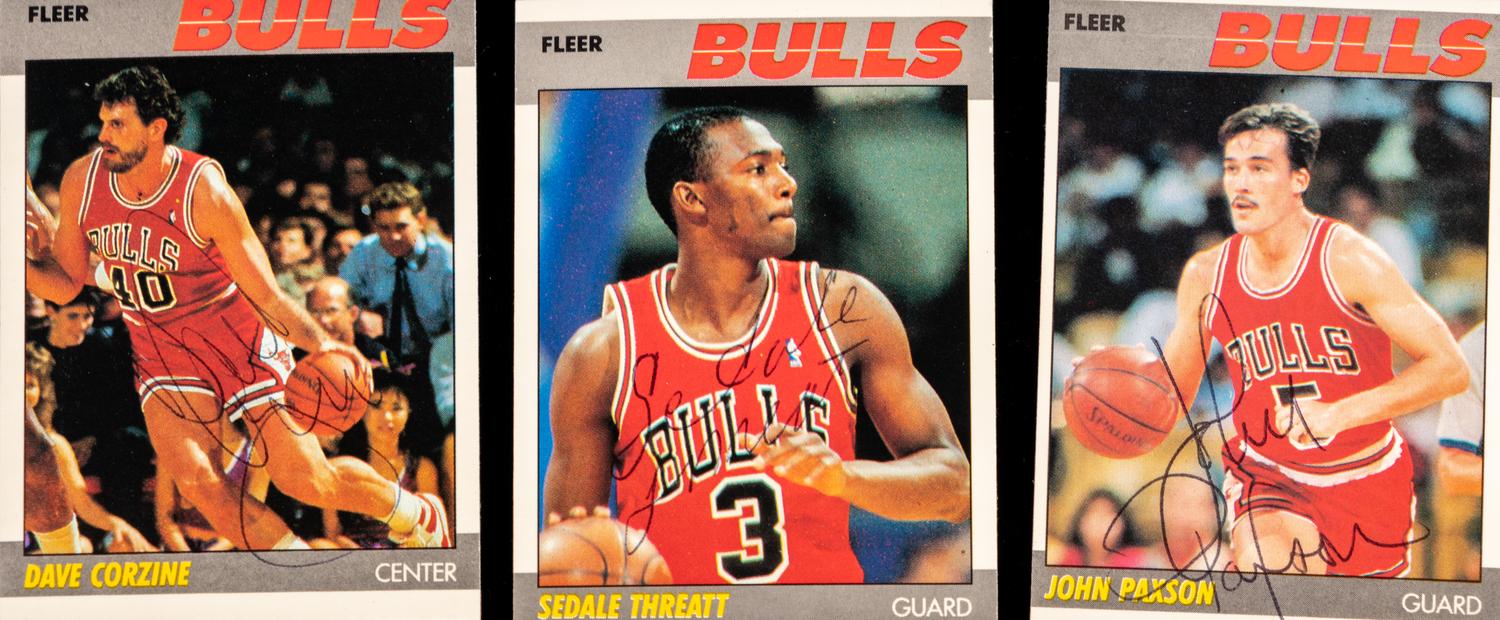 A Large Group of 60 Assorted Vintage Chicago Bulls Championship Era and 1980s Stars Signed Autograph Basketball Cards (Including Phil Jackson),